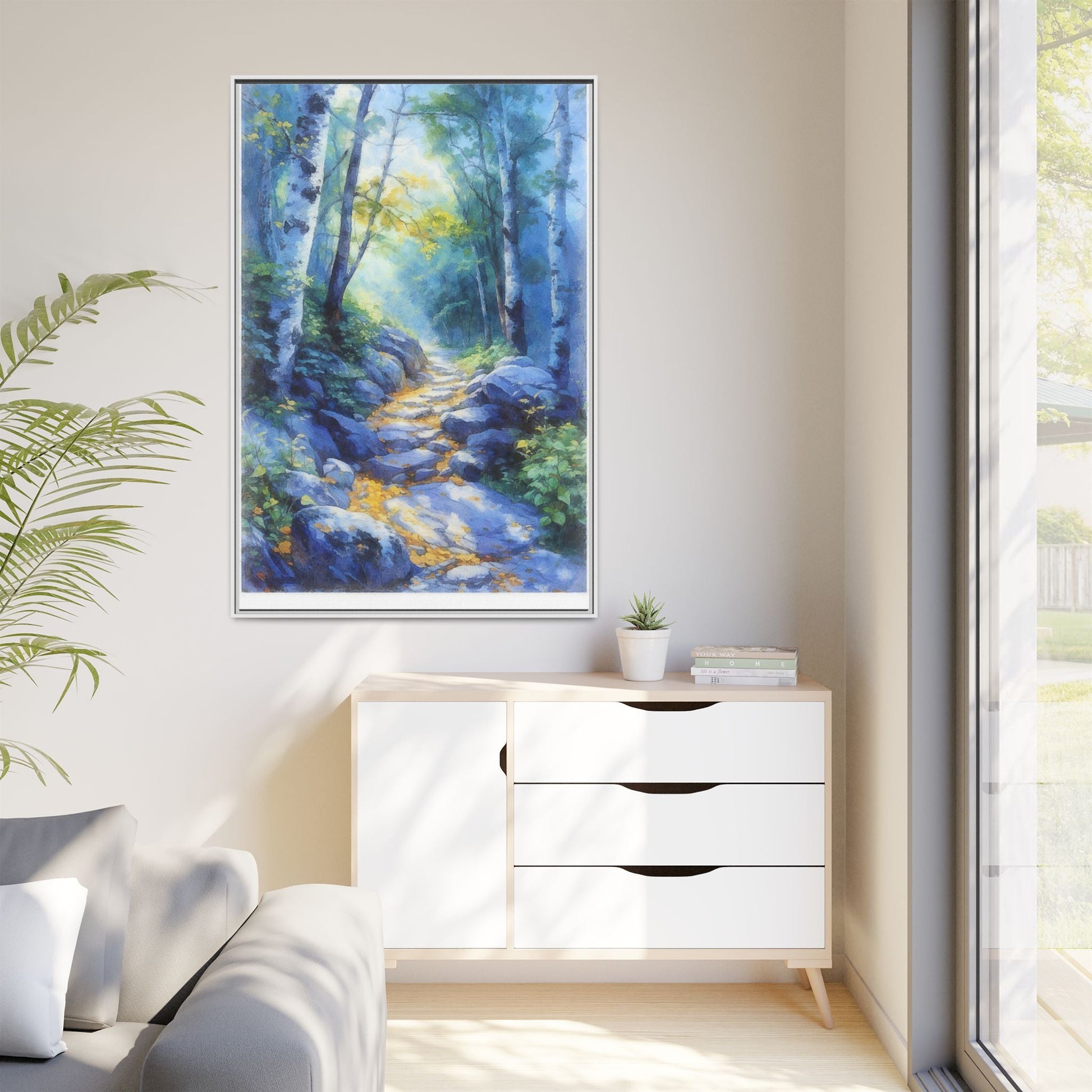 Blue Forest Path II wall art featuring a tranquil forest scene with a serene blue-toned path, printed on high-quality canvas for timeless décor.