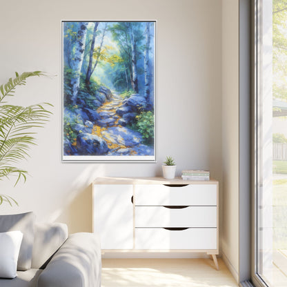 Blue Forest Path II wall art featuring a tranquil forest scene with a serene blue-toned path, printed on high-quality canvas for timeless décor.