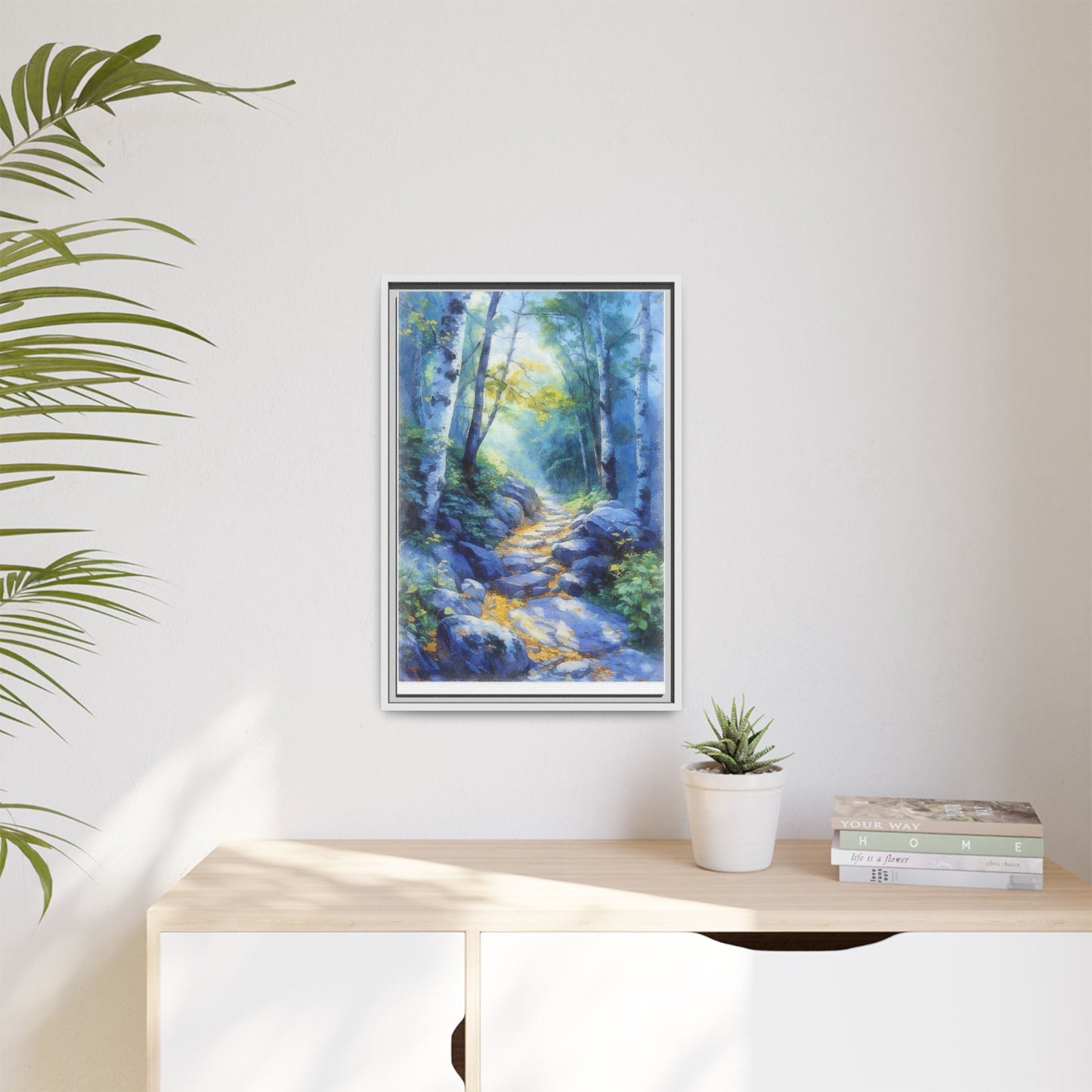 Blue Forest Path II wall art featuring a tranquil forest scene with a serene blue-toned path, printed on high-quality canvas for timeless décor.