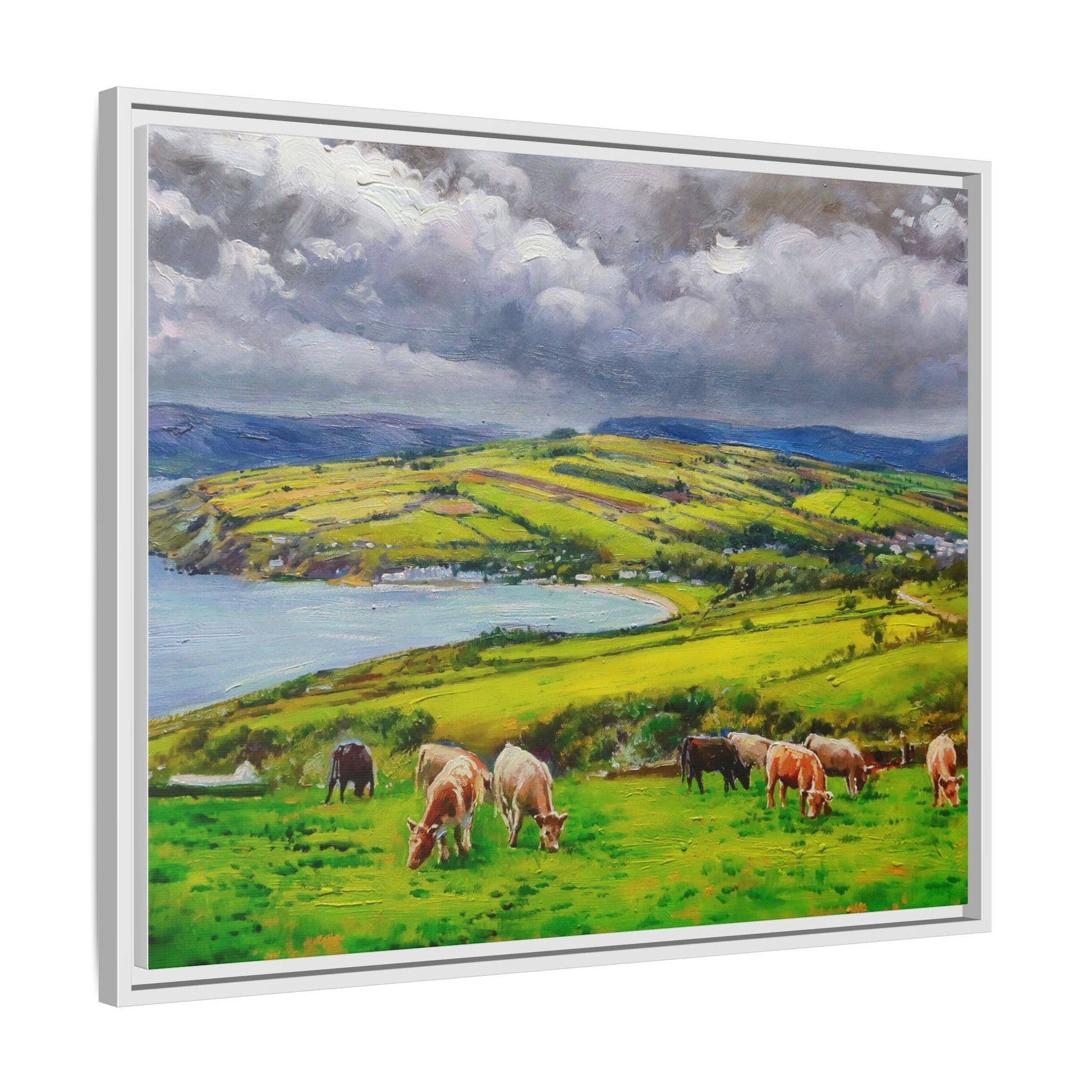 Cushendon Hills wall art showcasing rolling hills and scenic Irish landscapes, framed in high-quality materials for an elegant look.