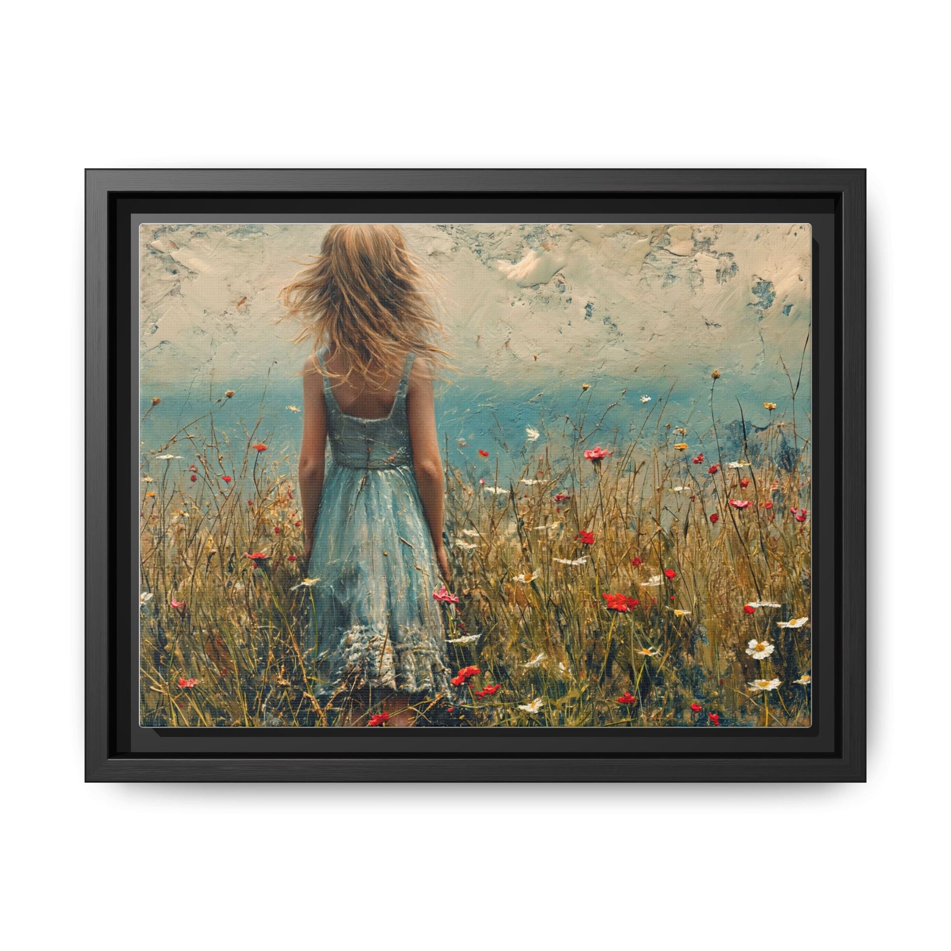 Young Girl Looking Out To Sea wall art, featuring a peaceful ocean view and a young girl in contemplation, printed on high-quality canvas for timeless décor.