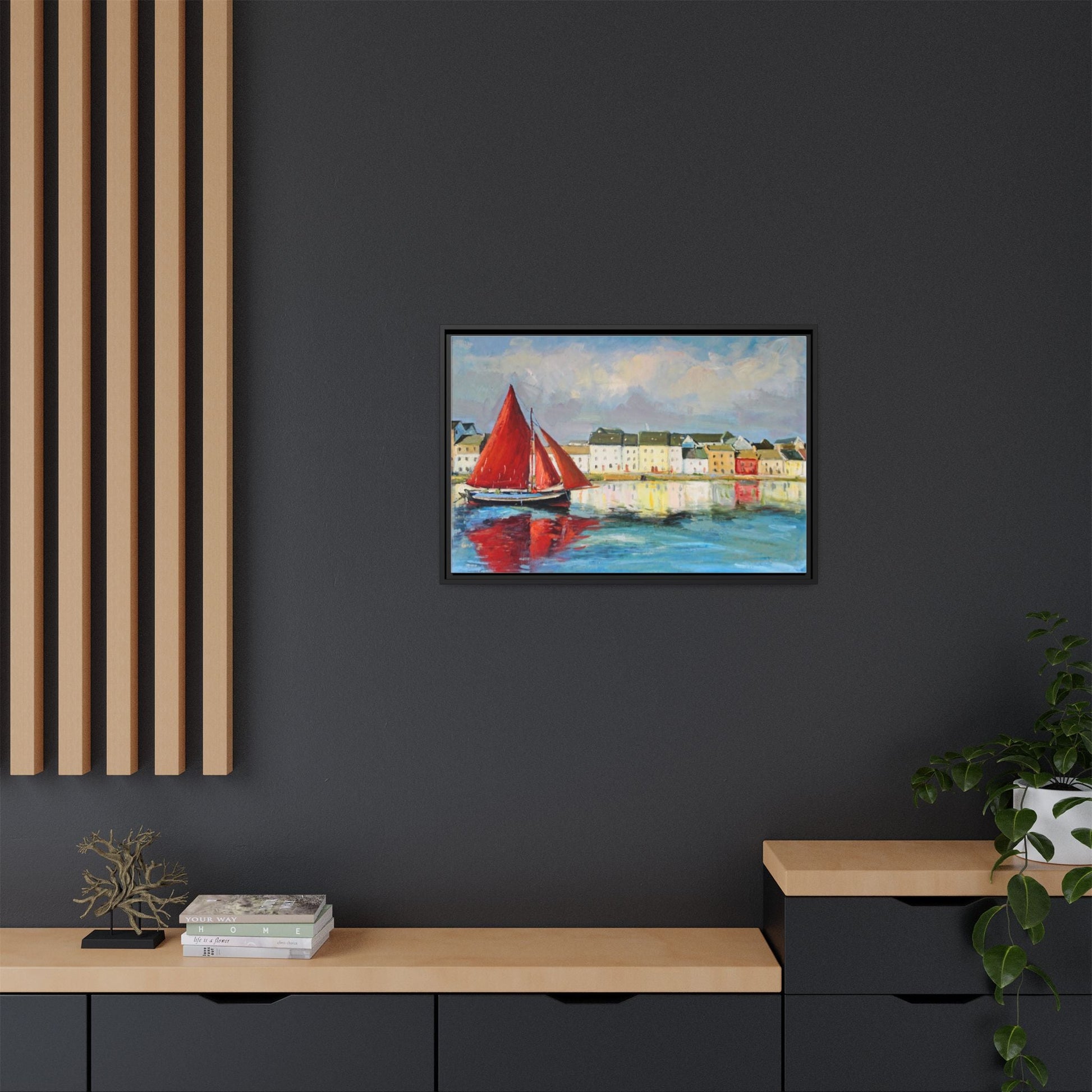 Galway Hooker Leaving Port wall art featuring a Galway Hooker boat sailing in a coastal scene, printed on high-quality canvas with a premium frame.