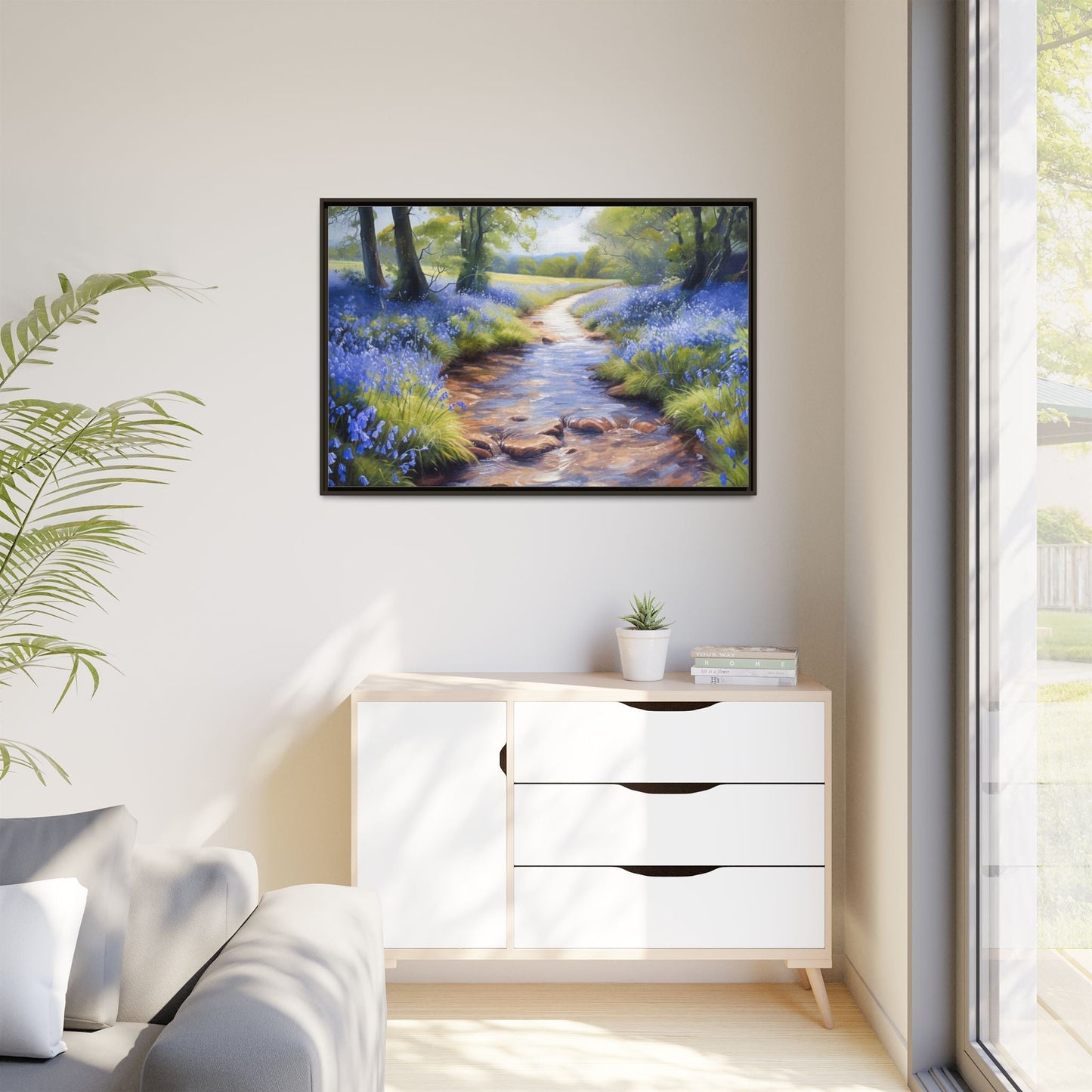 Bluebell Stream Wall Art - Serene Nature Landscape Canvas Print