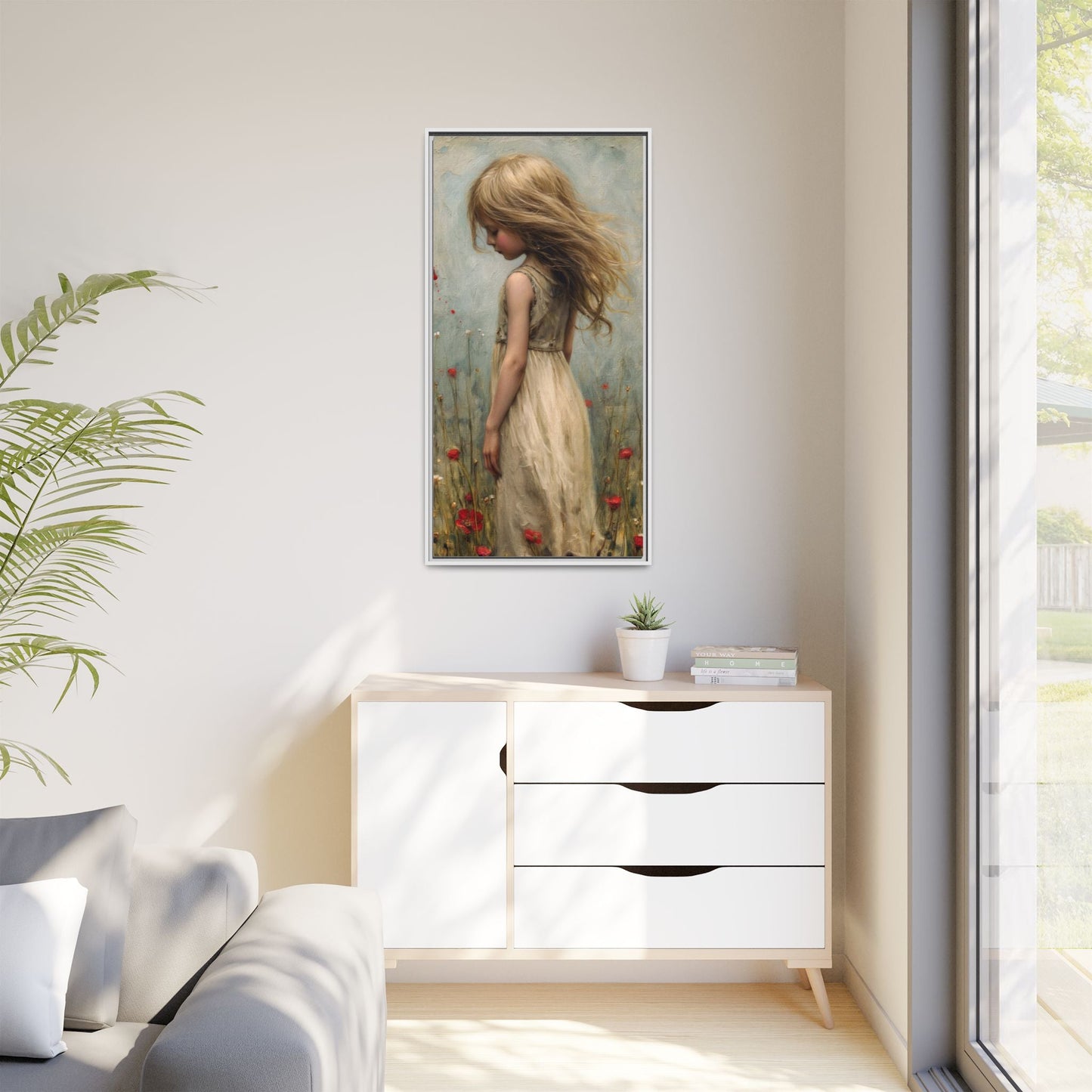 Young Girl In Flowers – Elegant pinewood-framed wall art featuring a high-quality cotton-polyester canvas with vibrant colors and a timeless design.