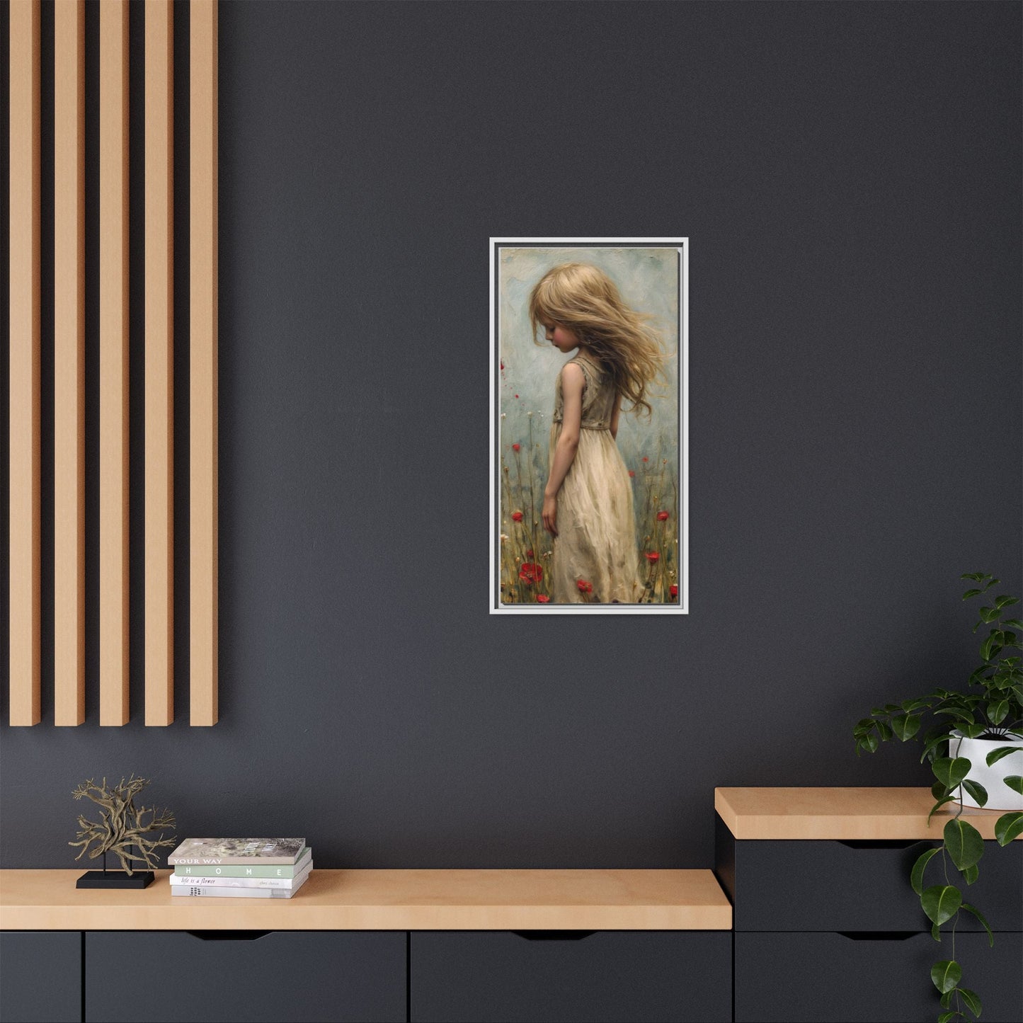 Young Girl In Flowers – Elegant pinewood-framed wall art featuring a high-quality cotton-polyester canvas with vibrant colors and a timeless design.