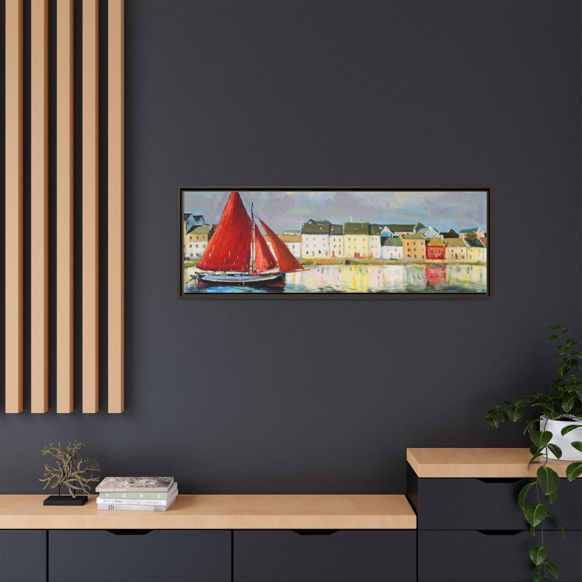 Galway Hooker Leaving Port wall art featuring a Galway Hooker boat sailing in a coastal scene, printed on high-quality canvas with a premium frame.