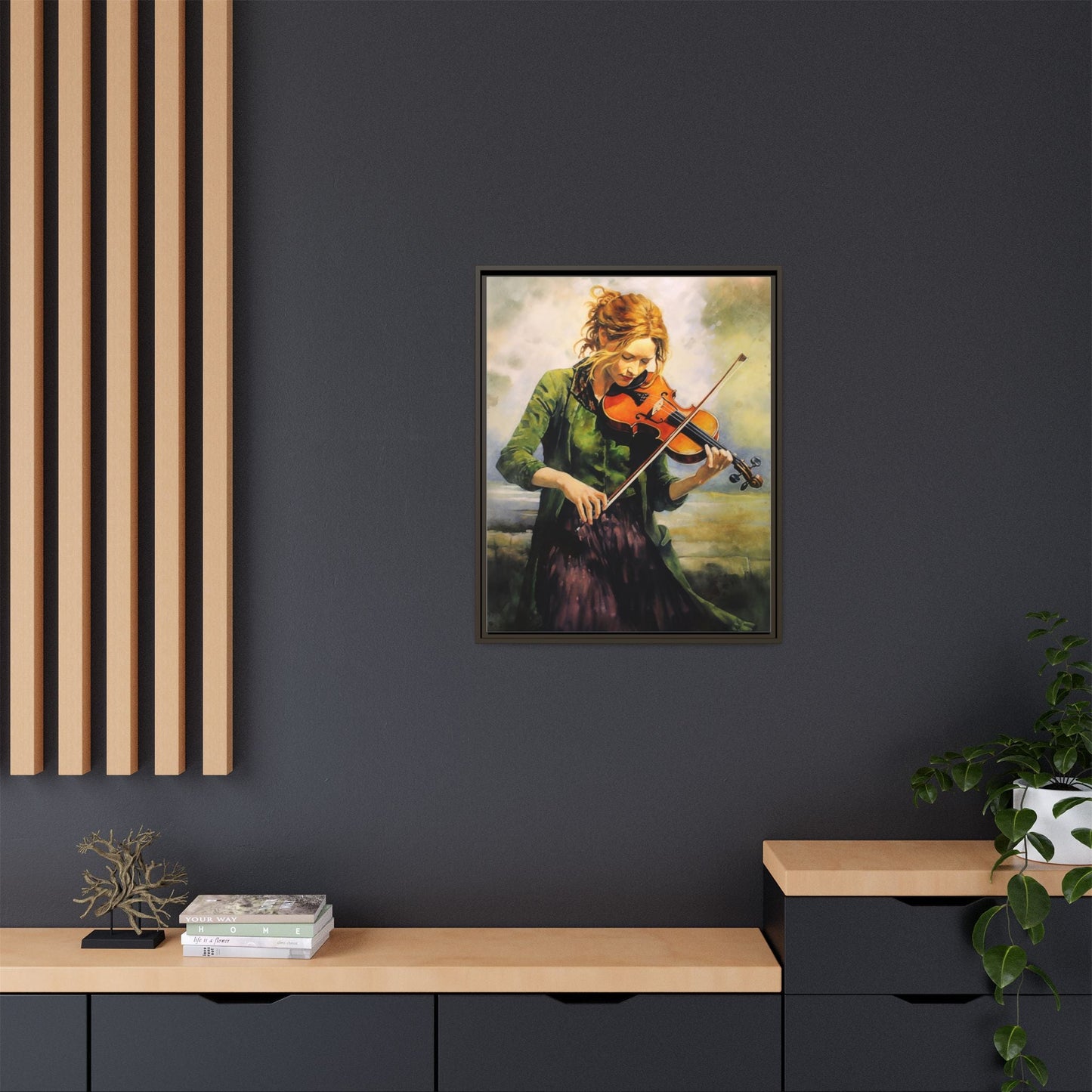 Young Girl with Fiddle wall art featuring a young musician playing the fiddle, printed on high-quality canvas for timeless and elegant décor.