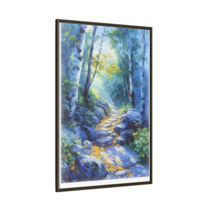 Blue Forest Path II wall art featuring a tranquil forest scene with a serene blue-toned path, printed on high-quality canvas for timeless décor.