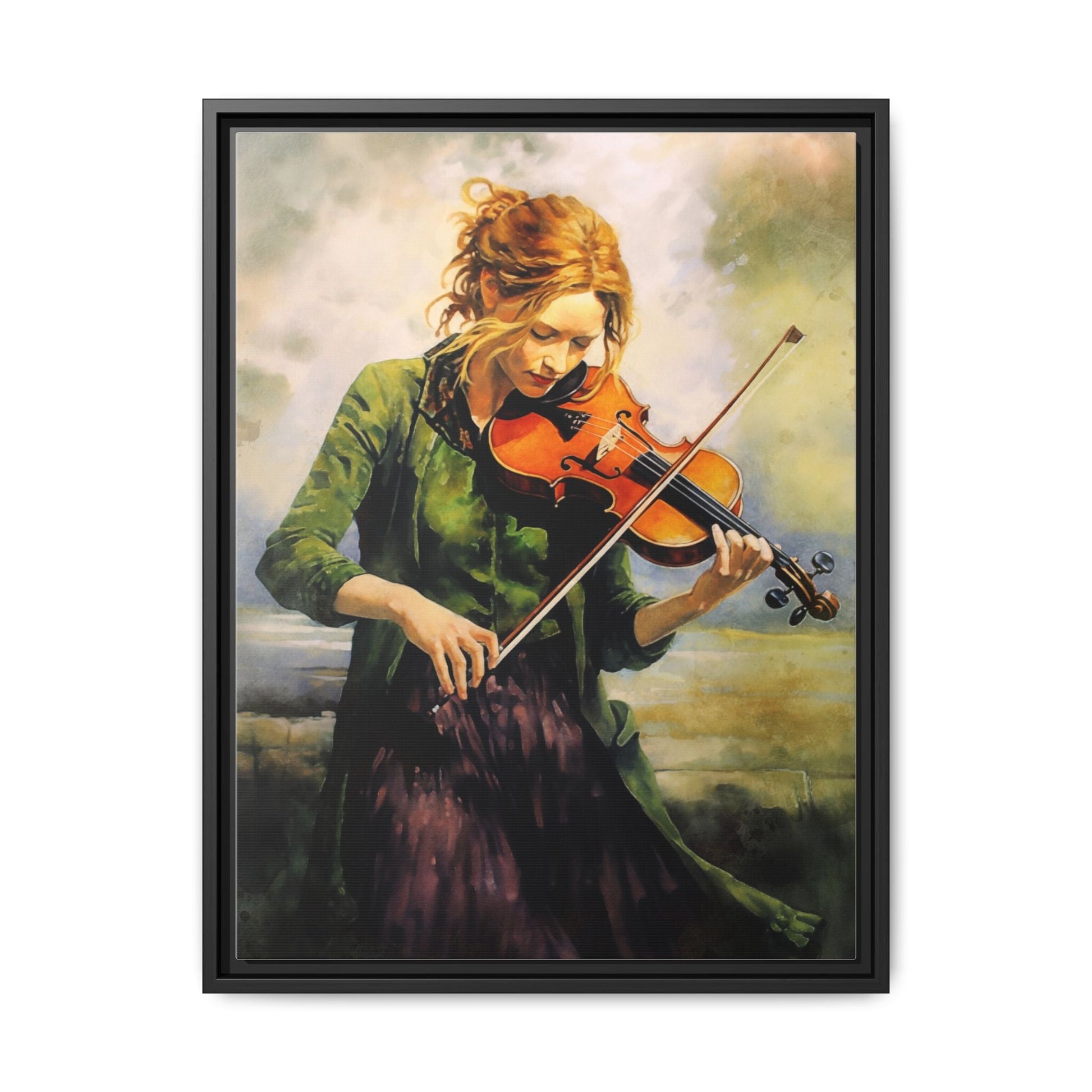 Young Girl with Fiddle wall art featuring a young musician playing the fiddle, printed on high-quality canvas for timeless and elegant décor.