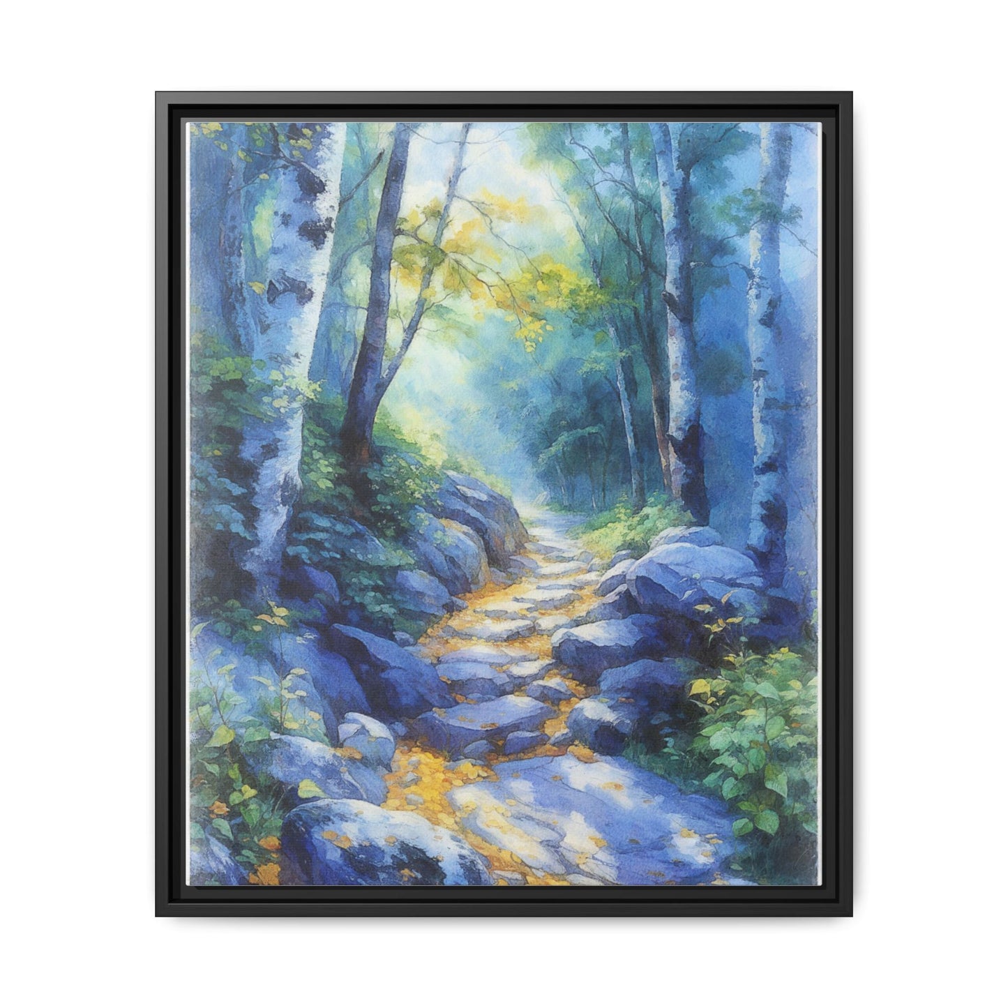 Blue Forest Path II wall art featuring a tranquil forest scene with a serene blue-toned path, printed on high-quality canvas for timeless décor.