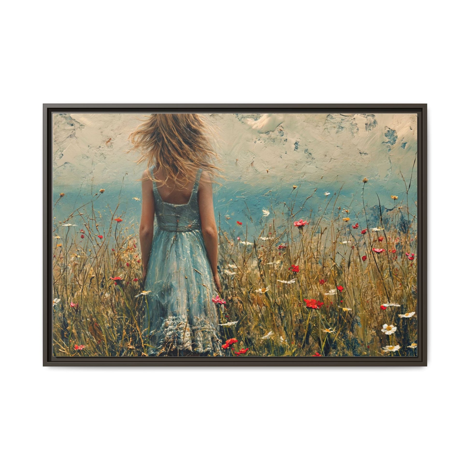 Young Girl Looking Out To Sea wall art, featuring a peaceful ocean view and a young girl in contemplation, printed on high-quality canvas for timeless décor.