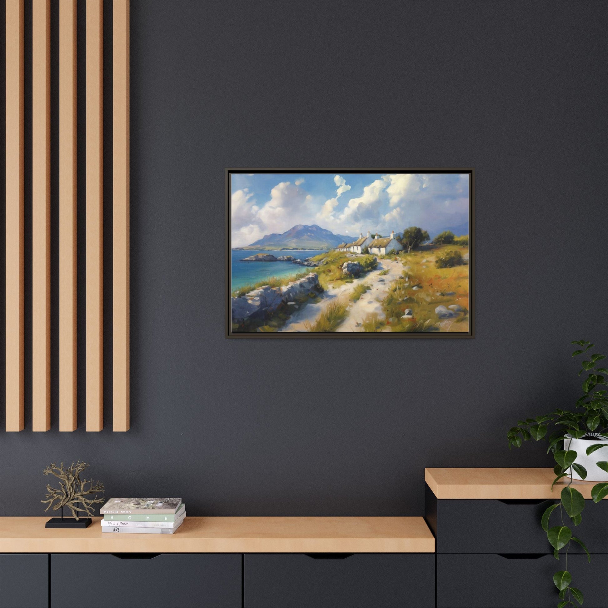 Blustery Day wall art featuring a dramatic wind-swept landscape in a pinewood frame.