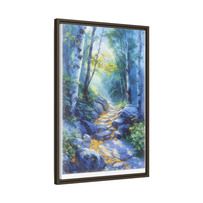 Blue Forest Path II wall art featuring a tranquil forest scene with a serene blue-toned path, printed on high-quality canvas for timeless décor.