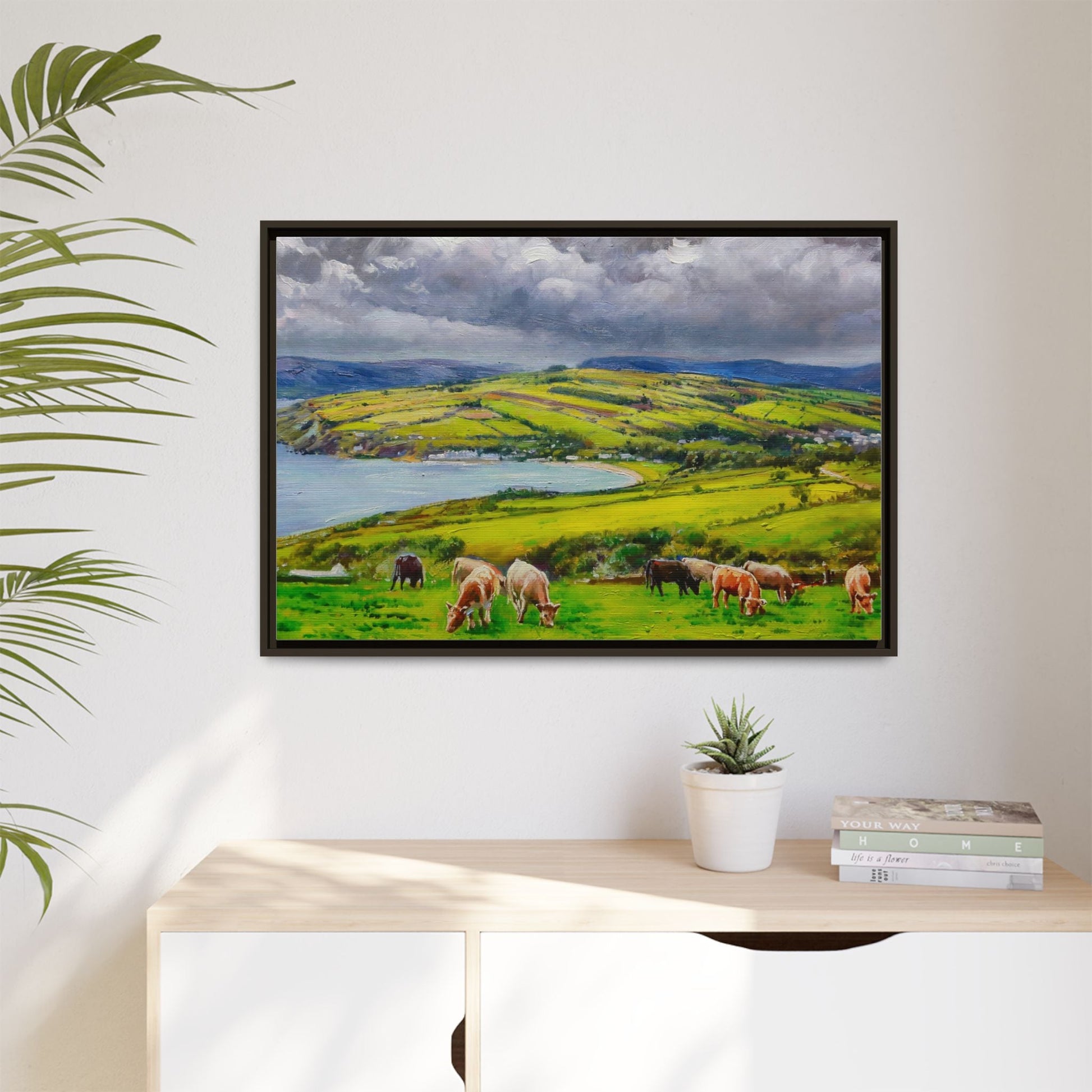 Cushendun Hills wall art showcasing rolling hills and scenic Irish landscapes, framed in high-quality materials for an elegant look.