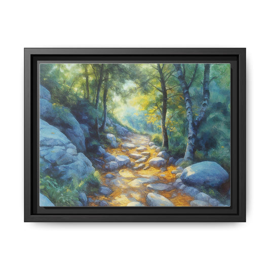 Rocky Path Through Forest framed art – premium pinewood frame with cotton-polyester canvas for timeless décor.