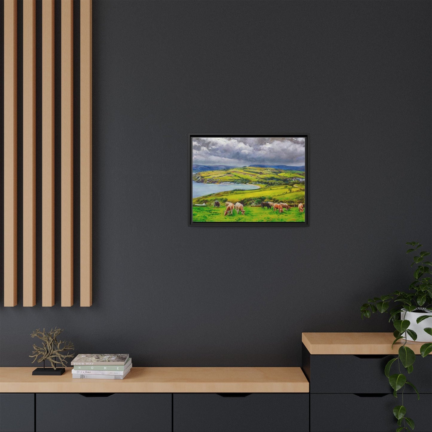 Cushendun Hills wall art showcasing rolling hills and scenic Irish landscapes, framed in high-quality materials for an elegant look.