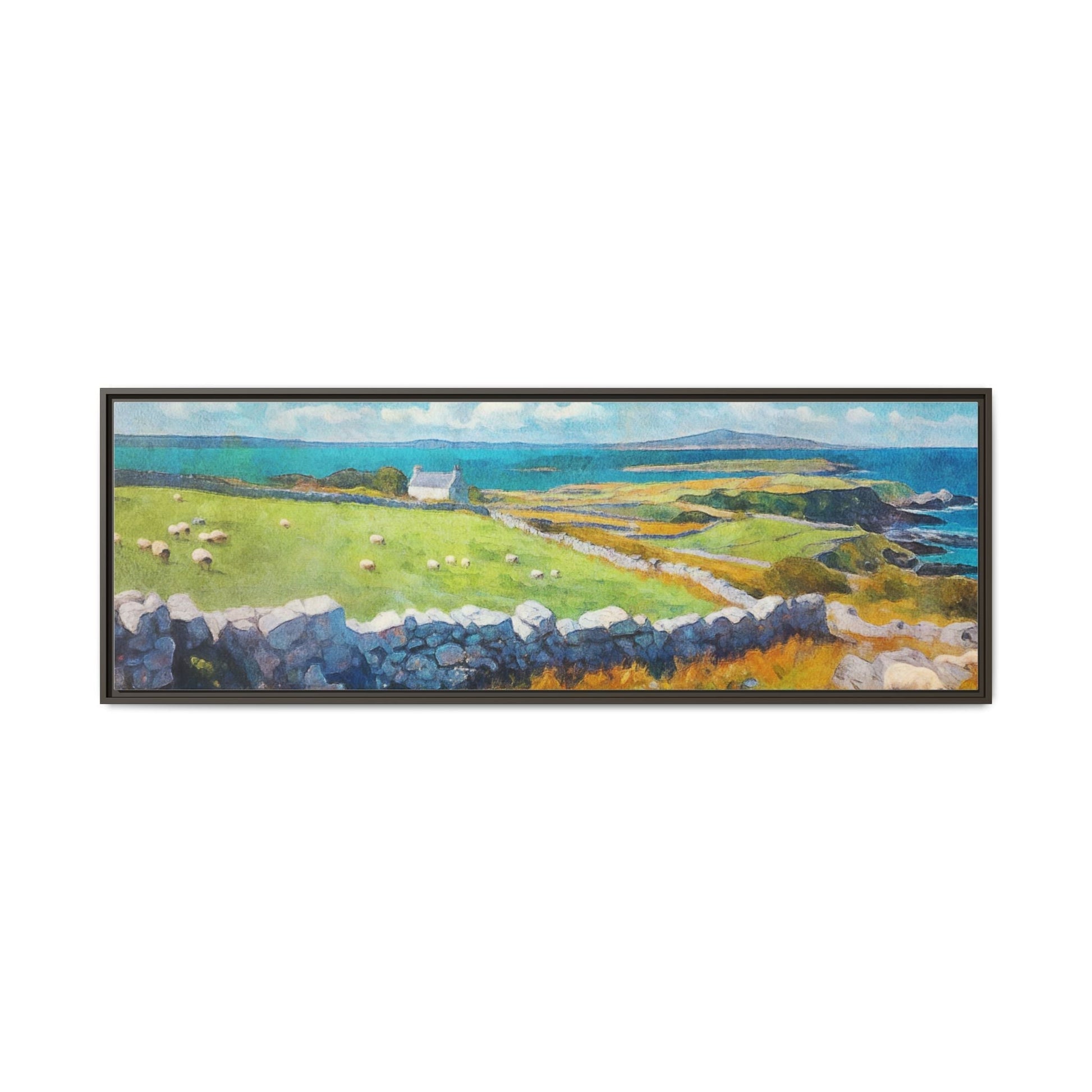 Far Flung Shores W.COL wall art featuring a serene coastal landscape, printed on high-quality canvas with a premium pinewood frame.