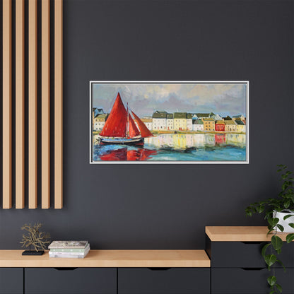 Galway Hooker Leaving Port wall art featuring a Galway Hooker boat sailing in a coastal scene, printed on high-quality canvas with a premium frame.