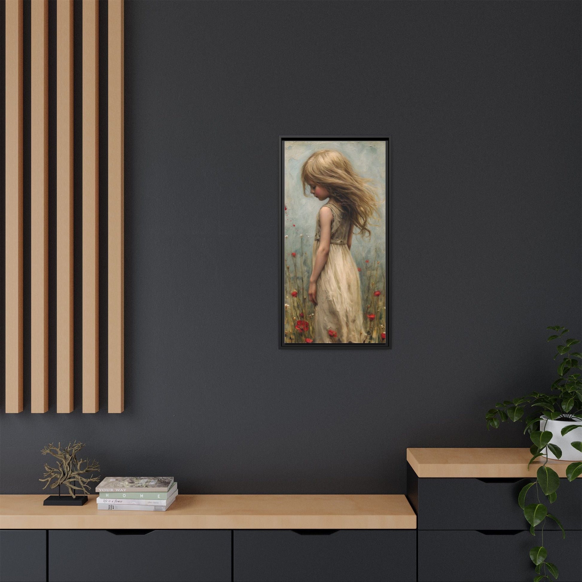 Young Girl In Flowers – Elegant pinewood-framed wall art featuring a high-quality cotton-polyester canvas with vibrant colors and a timeless design.