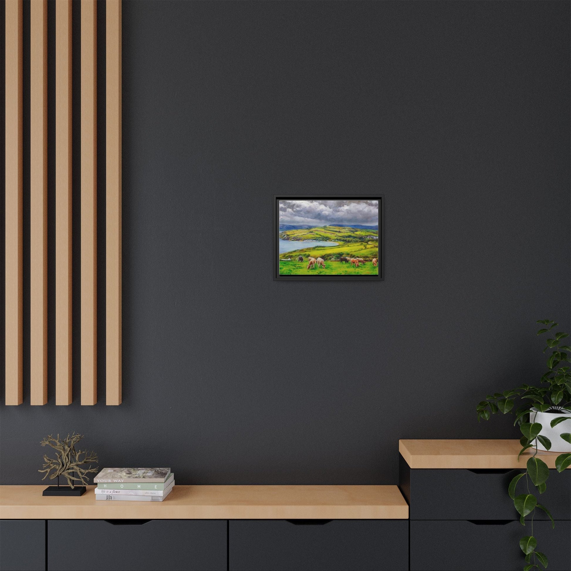 Cushendun Hills wall art showcasing rolling hills and scenic Irish landscapes, framed in high-quality materials for an elegant look.