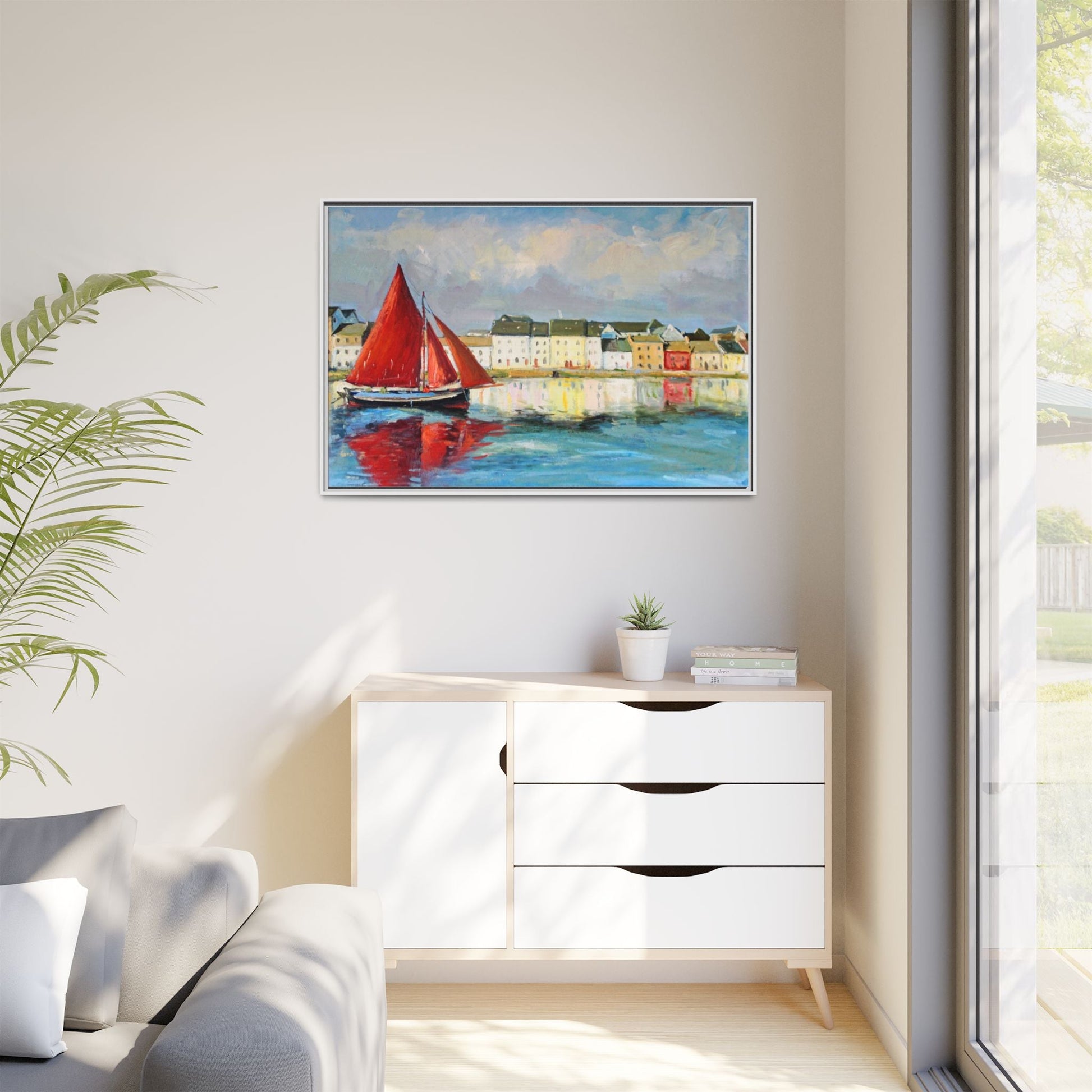 Galway Hooker Leaving Port wall art featuring a Galway Hooker boat sailing in a coastal scene, printed on high-quality canvas with a premium frame.