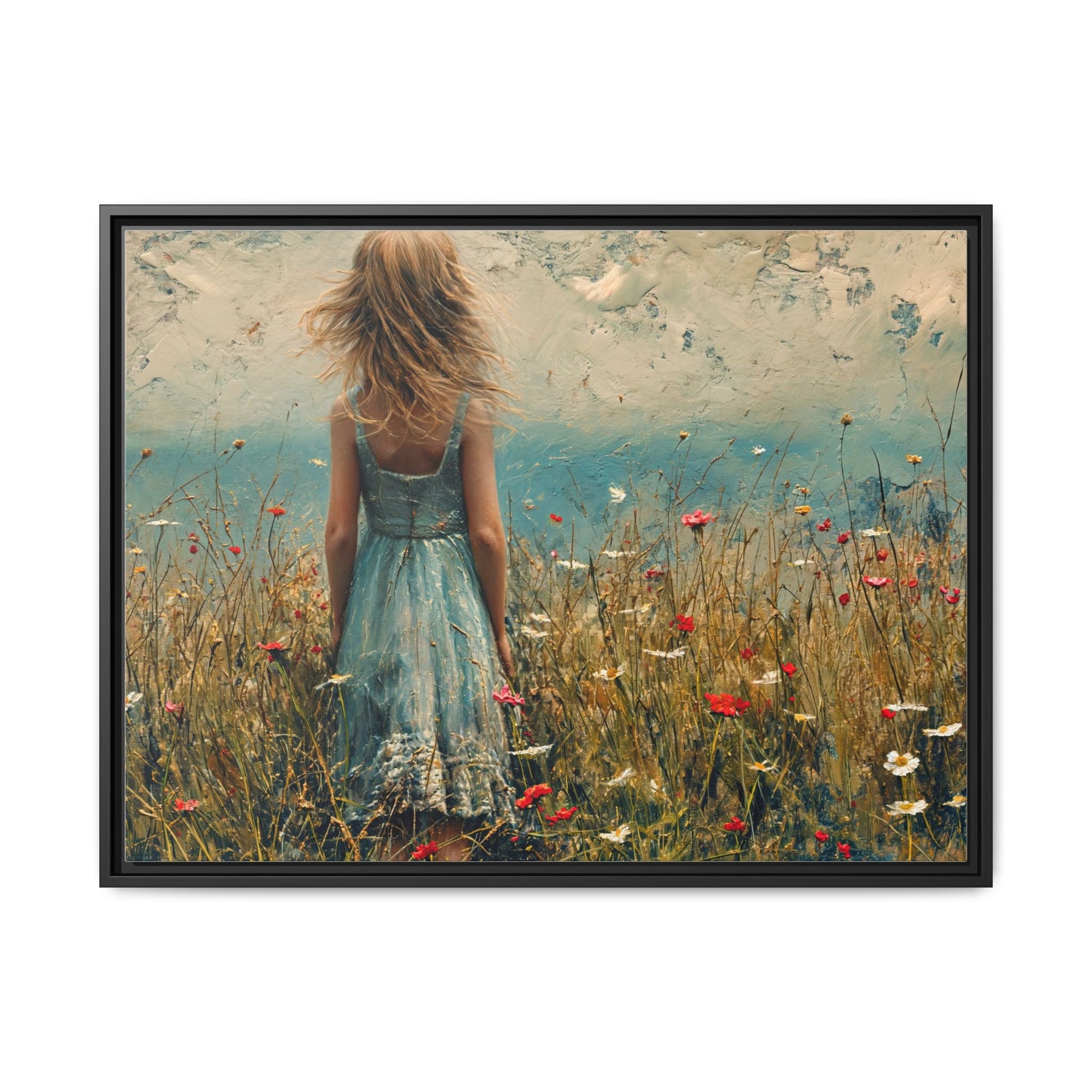 Young Girl Looking Out To Sea wall art, featuring a peaceful ocean view and a young girl in contemplation, printed on high-quality canvas for timeless décor.