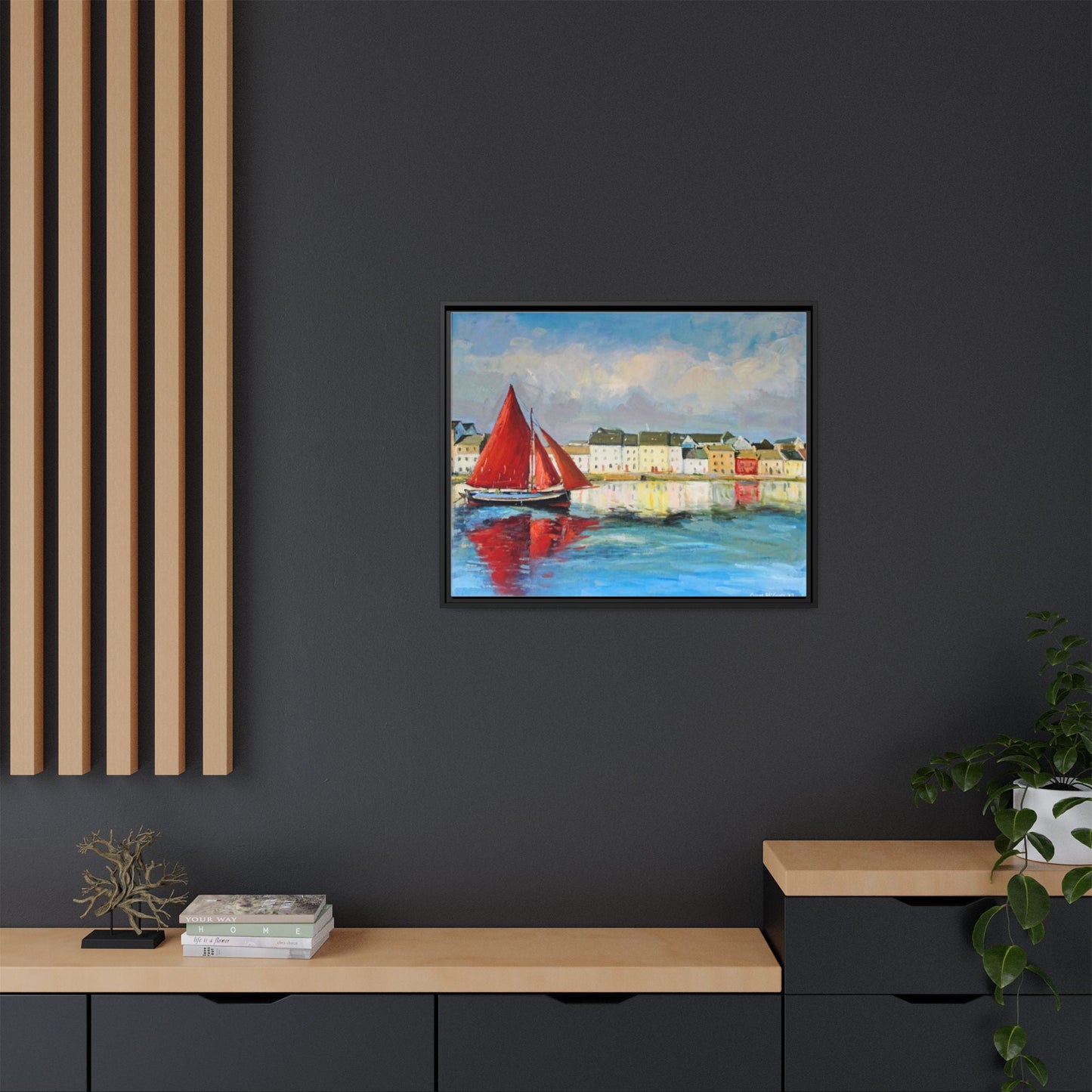 Galway Hooker Leaving Port wall art featuring a Galway Hooker boat sailing in a coastal scene, printed on high-quality canvas with a premium frame.