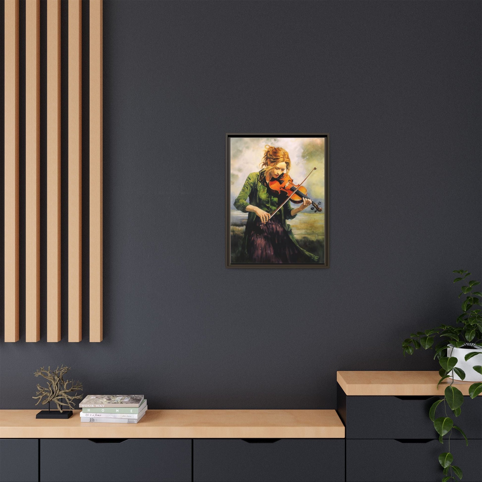 Young Girl with Fiddle wall art featuring a young musician playing the fiddle, printed on high-quality canvas for timeless and elegant décor.