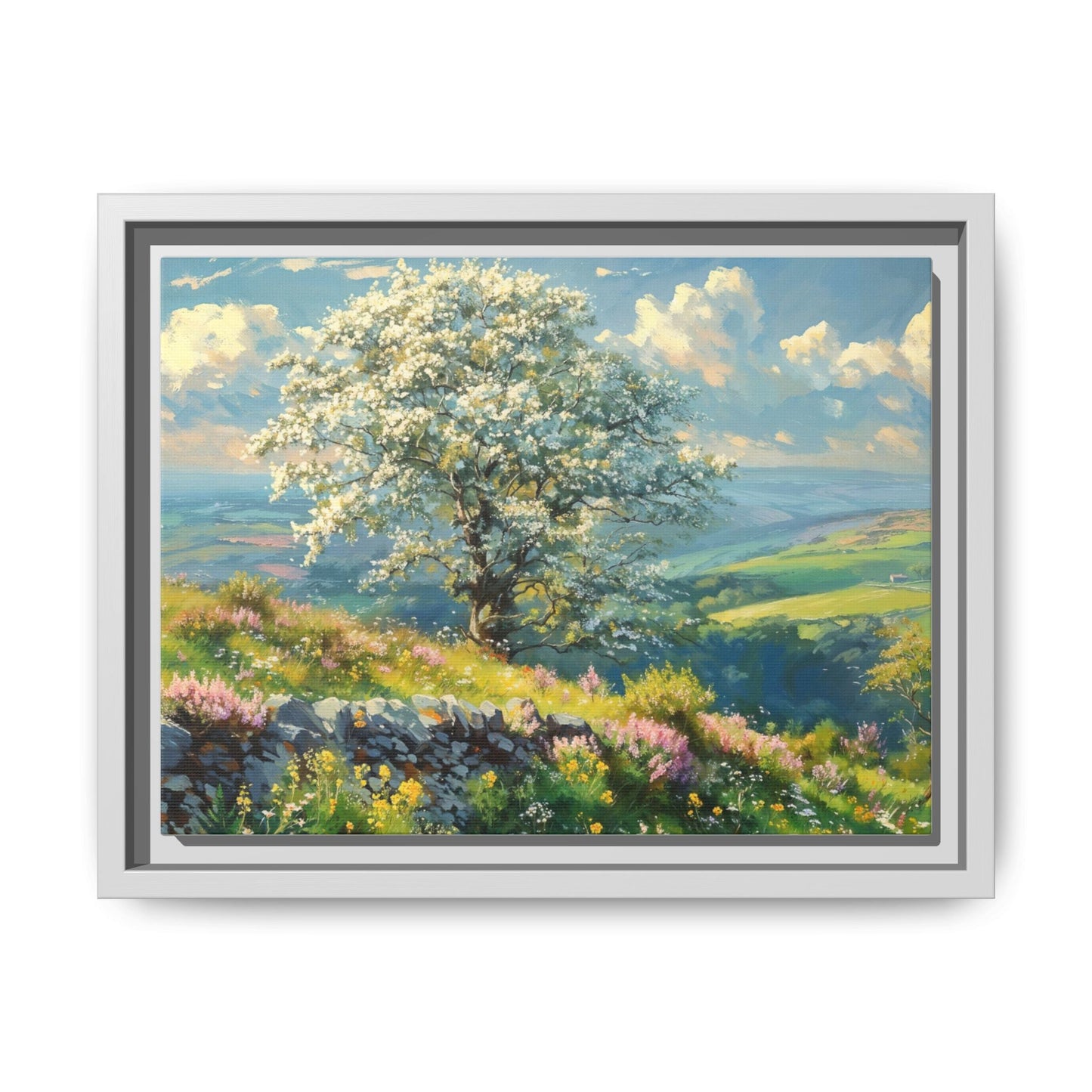 Whitethorn in Bloom wall art featuring a vibrant scene of blooming whitethorn trees, printed on high-quality canvas for a natural and timeless décor.