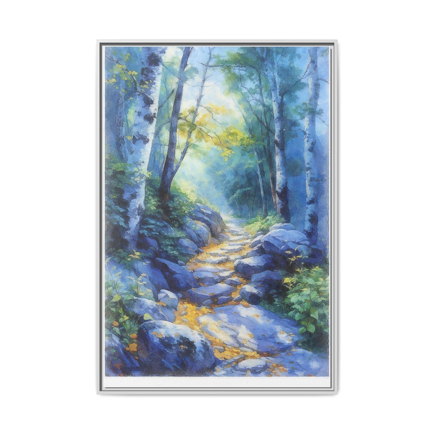 Blue Forest Path II wall art featuring a tranquil forest scene with a serene blue-toned path, printed on high-quality canvas for timeless décor.