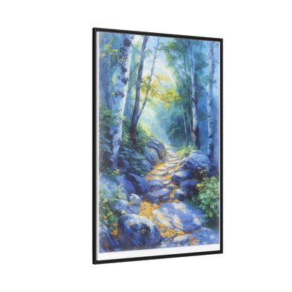 Blue Forest Path II wall art featuring a tranquil forest scene with a serene blue-toned path, printed on high-quality canvas for timeless décor.