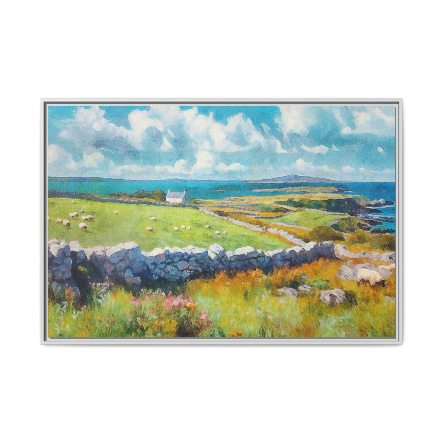 Far Flung Shores W.COL wall art featuring a serene coastal landscape, printed on high-quality canvas with a premium pinewood frame.