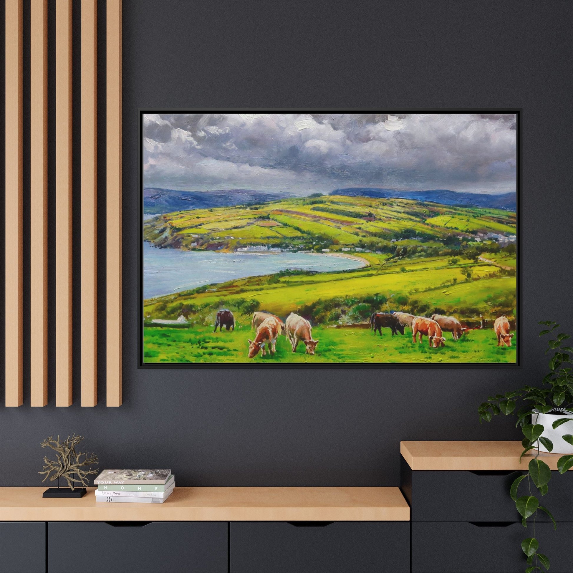 Cushendon Hills wall art showcasing rolling hills and scenic Irish landscapes, framed in high-quality materials for an elegant look.