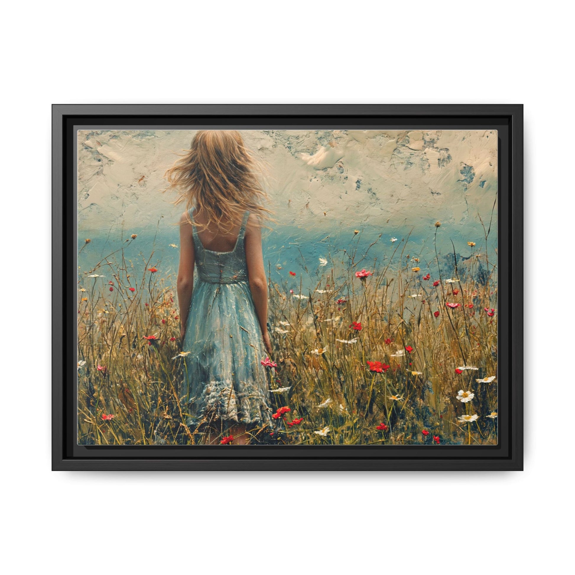 Young Girl Looking Out To Sea wall art, featuring a peaceful ocean view and a young girl in contemplation, printed on high-quality canvas for timeless décor.