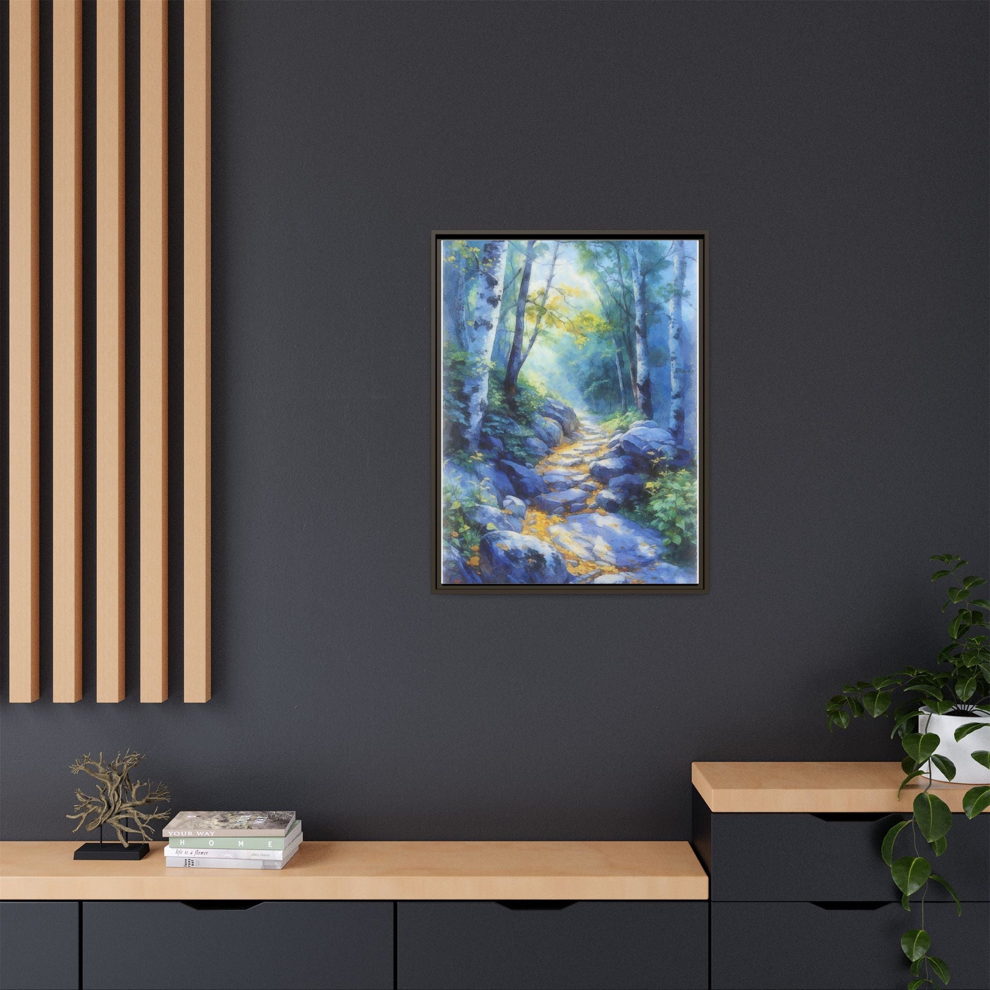 Blue Forest Path II wall art featuring a tranquil forest scene with a serene blue-toned path, printed on high-quality canvas for timeless décor.