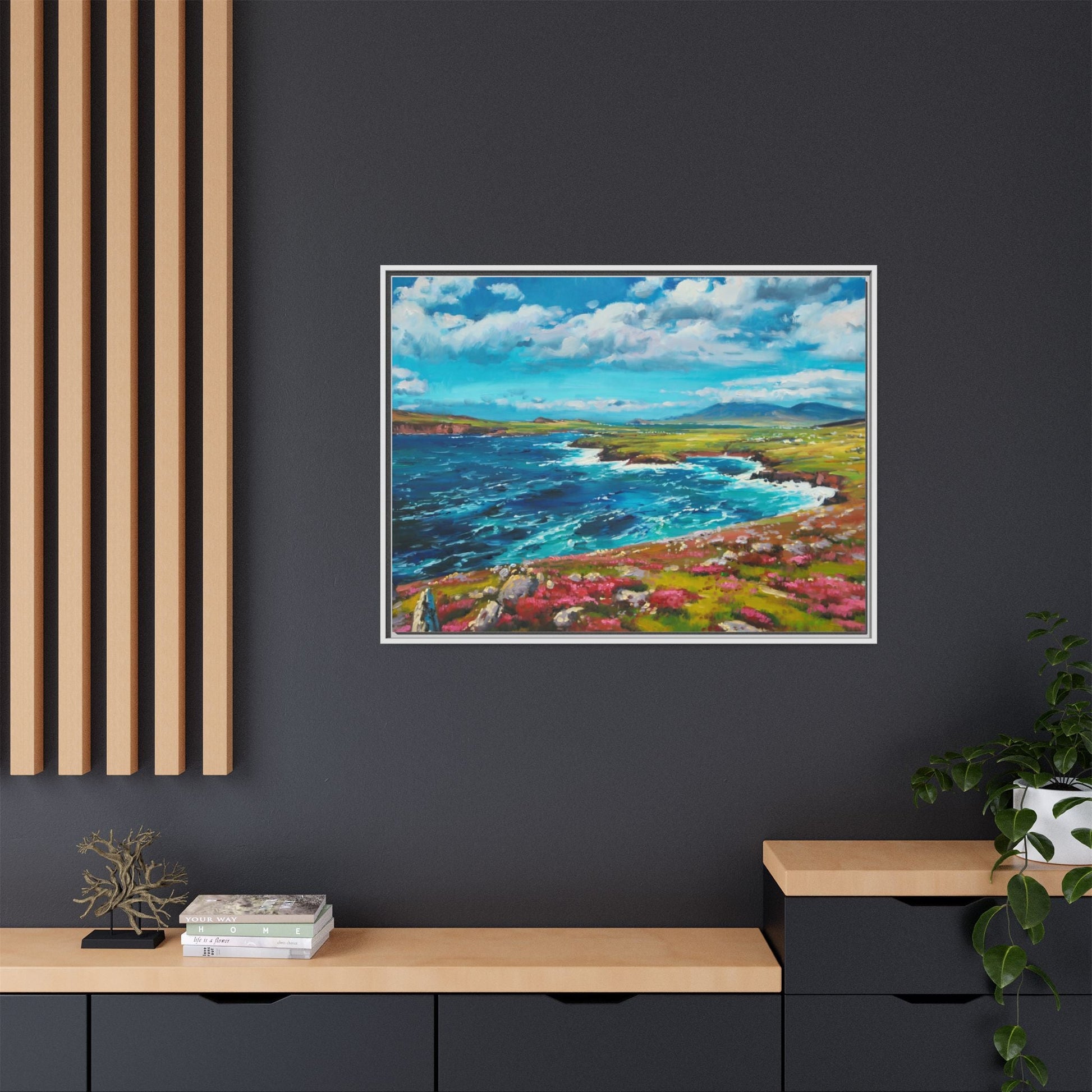 Dingle Peninsula wall art featuring a scenic view of Ireland's rugged coastline, printed on high-quality canvas with a premium frame.