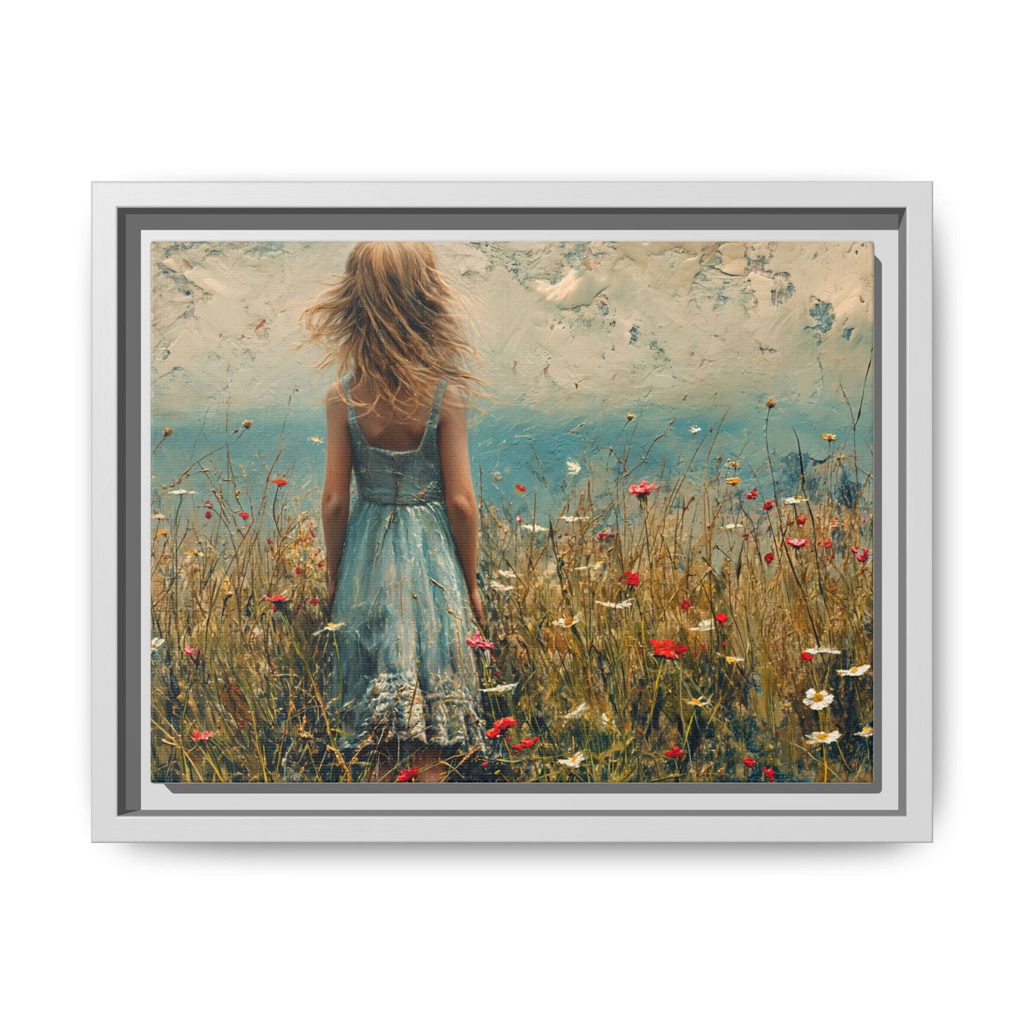 Young Girl Looking Out To Sea wall art, featuring a peaceful ocean view and a young girl in contemplation, printed on high-quality canvas for timeless décor.