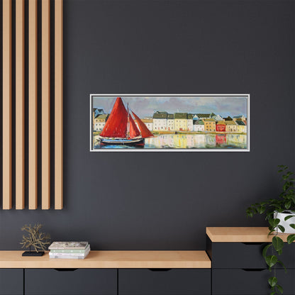 Galway Hooker Leaving Port wall art featuring a Galway Hooker boat sailing in a coastal scene, printed on high-quality canvas with a premium frame.