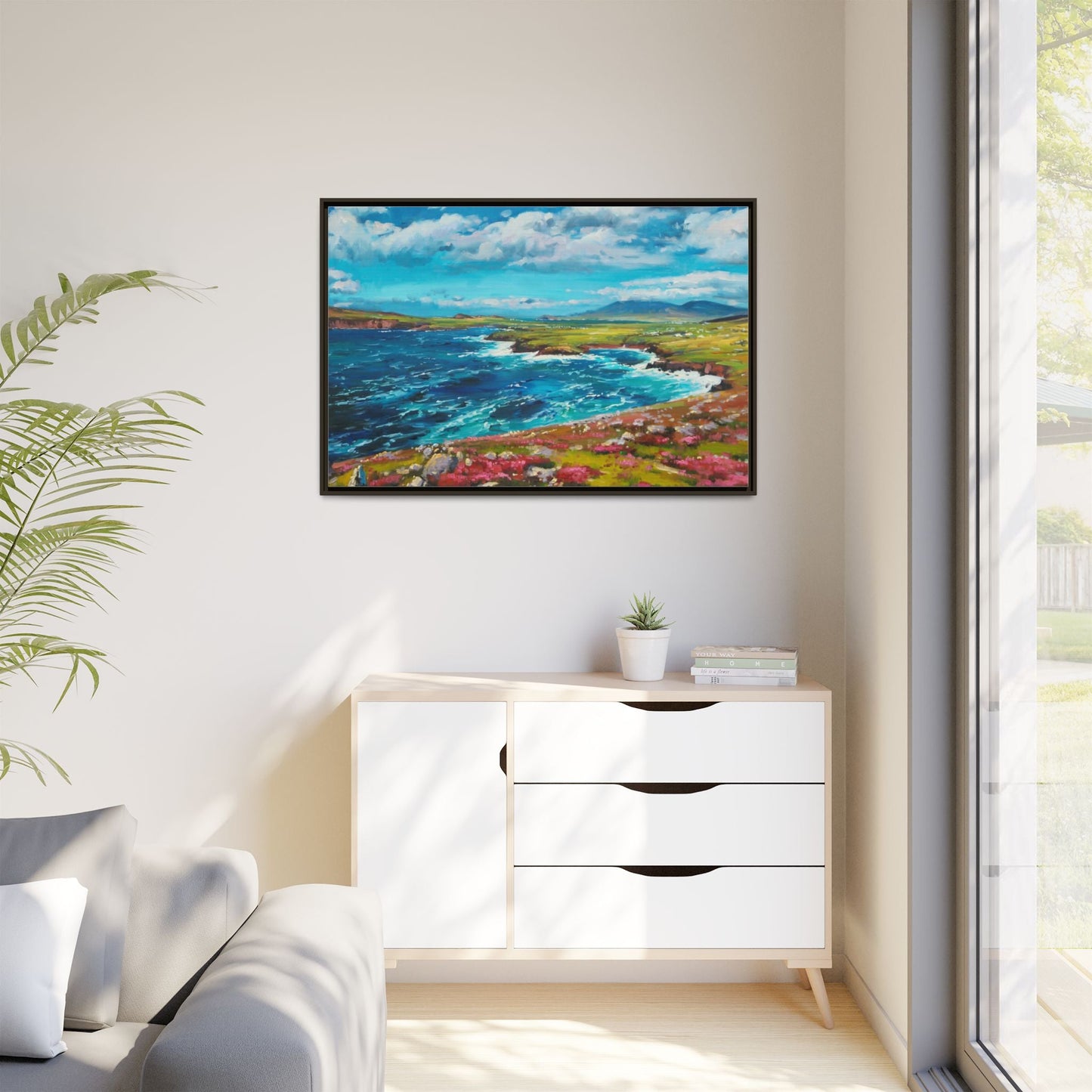 Dingle Peninsula wall art featuring a scenic view of Ireland's rugged coastline, printed on high-quality canvas with a premium frame.