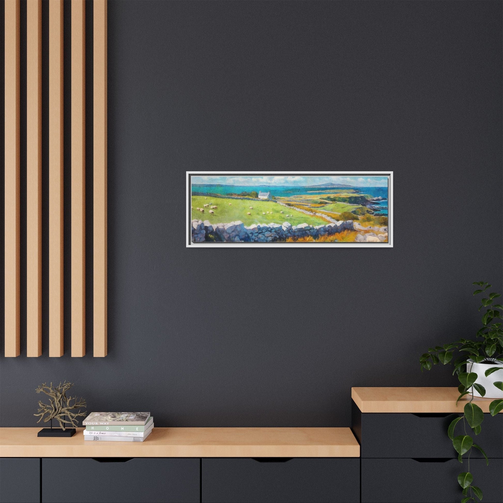 Far Flung Shores W.COL wall art featuring a serene coastal landscape, printed on high-quality canvas with a premium pinewood frame.