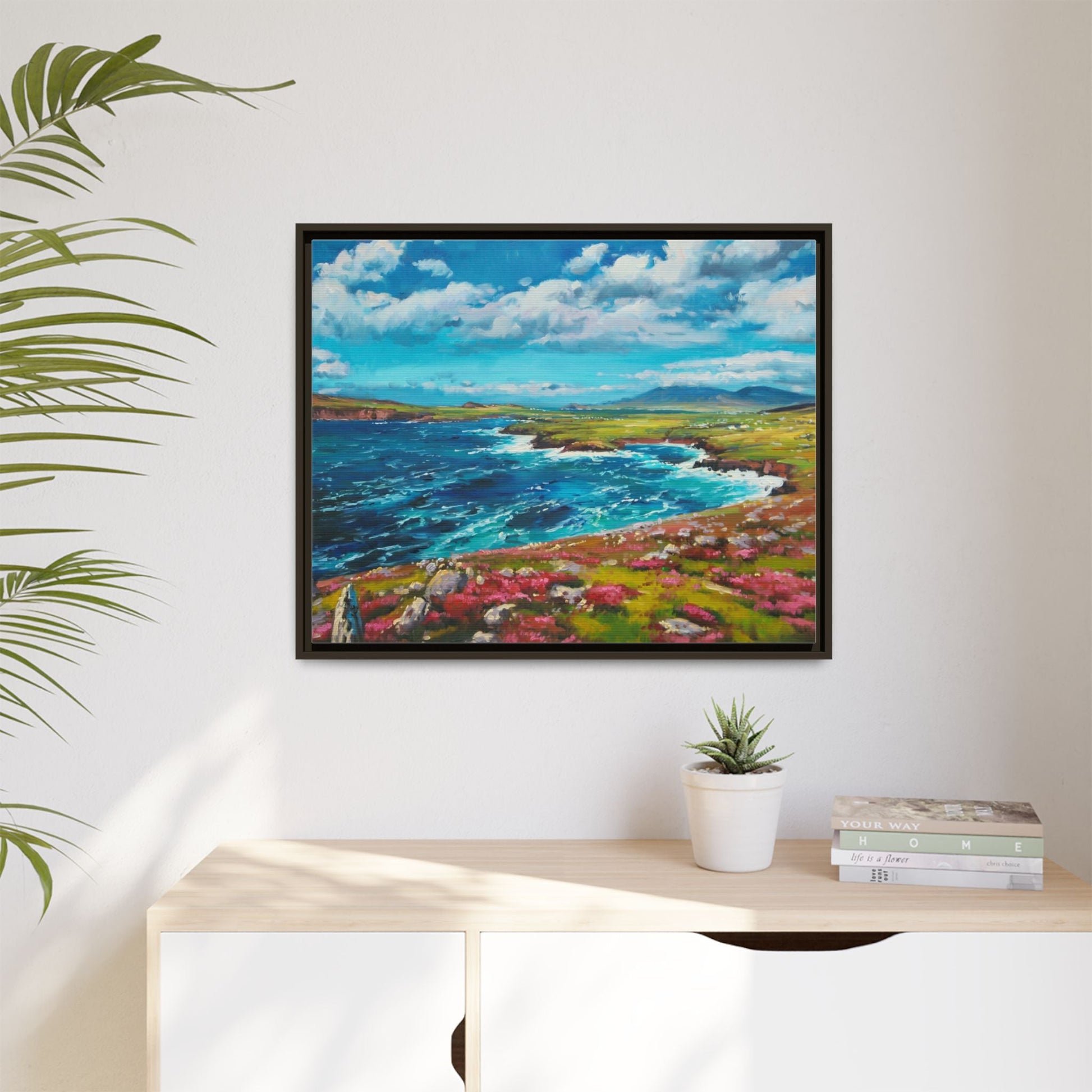 Dingle Peninsula wall art featuring a scenic view of Ireland's rugged coastline, printed on high-quality canvas with a premium frame.