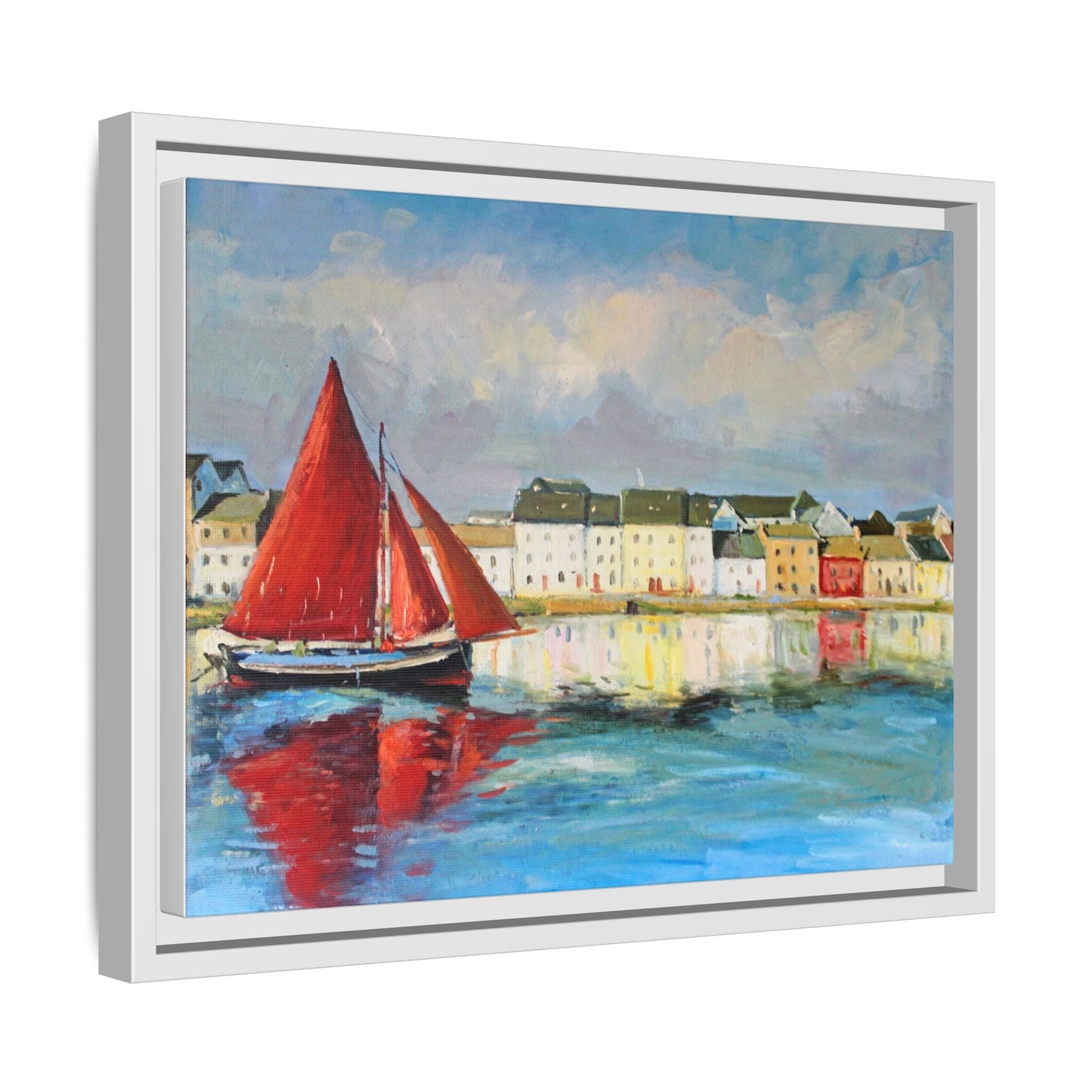 Galway Hooker Leaving Port wall art featuring a Galway Hooker boat sailing in a coastal scene, printed on high-quality canvas with a premium frame.