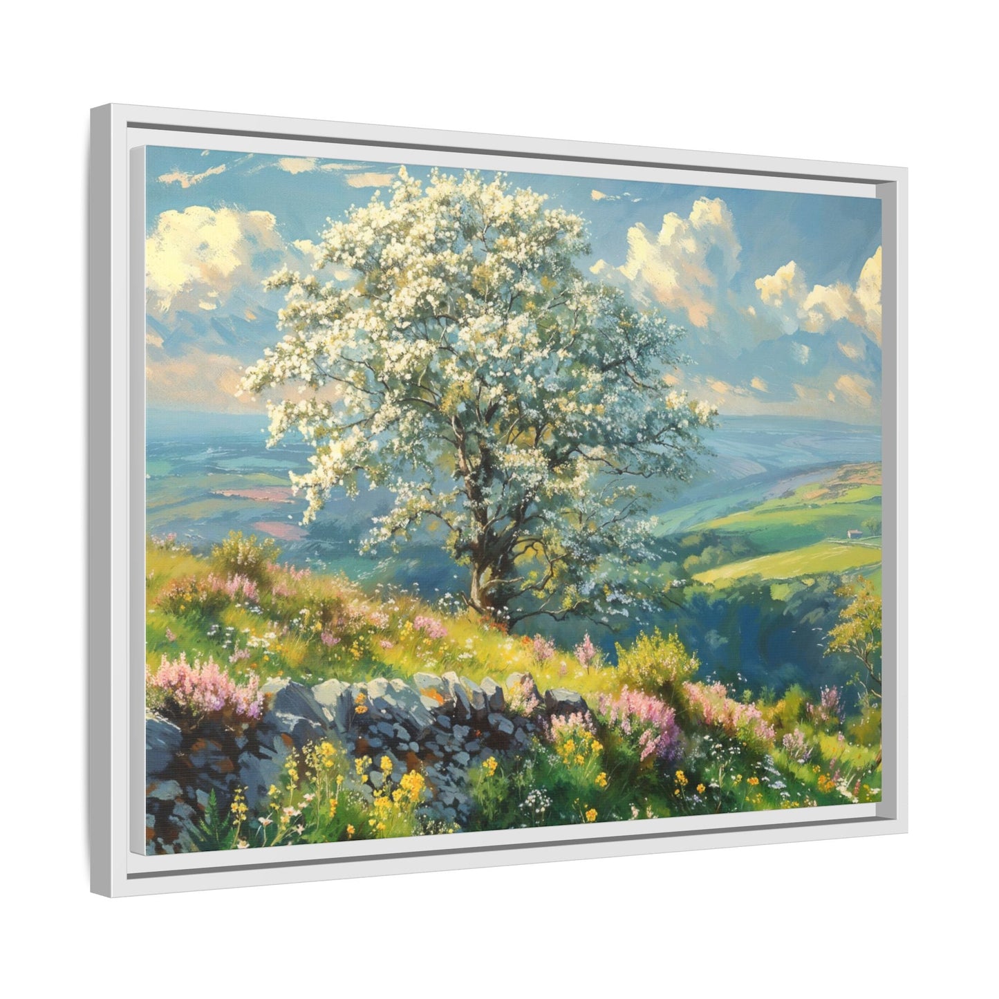 Whitethorn in Bloom wall art featuring a vibrant scene of blooming whitethorn trees, printed on high-quality canvas for a natural and timeless décor.