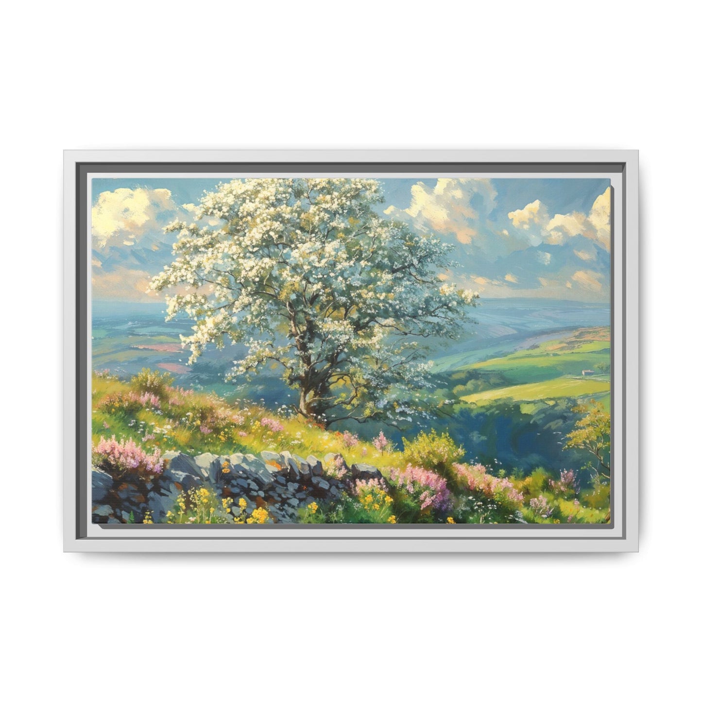 Whitethorn in Bloom wall art featuring a vibrant scene of blooming whitethorn trees, printed on high-quality canvas for a natural and timeless décor.