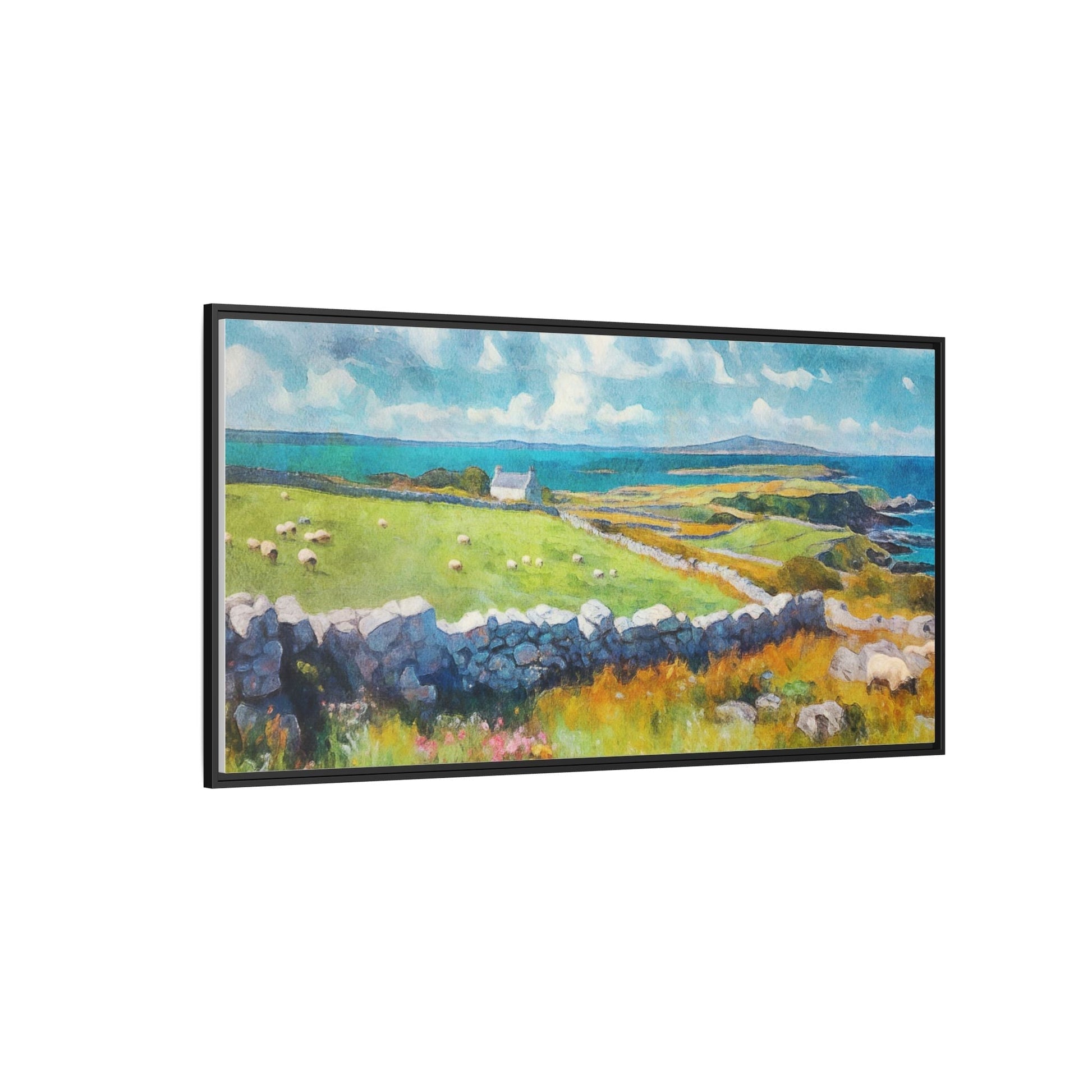 Far Flung Shores W.COL wall art featuring a serene coastal landscape, printed on high-quality canvas with a premium pinewood frame.