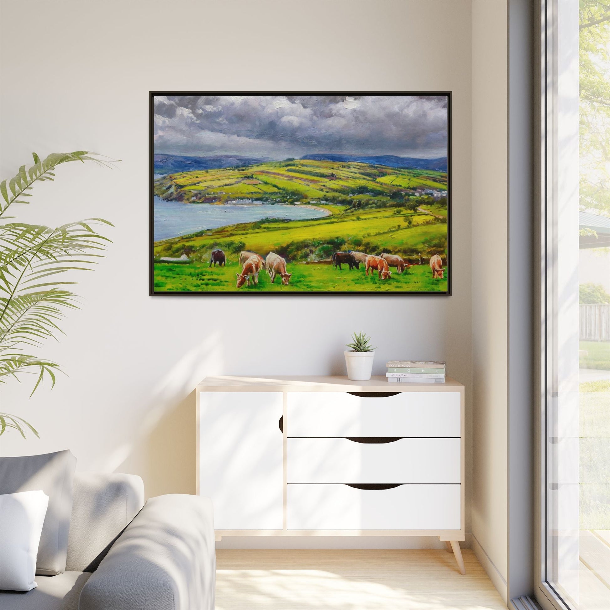 Cushendon Hills wall art showcasing rolling hills and scenic Irish landscapes, framed in high-quality materials for an elegant look.