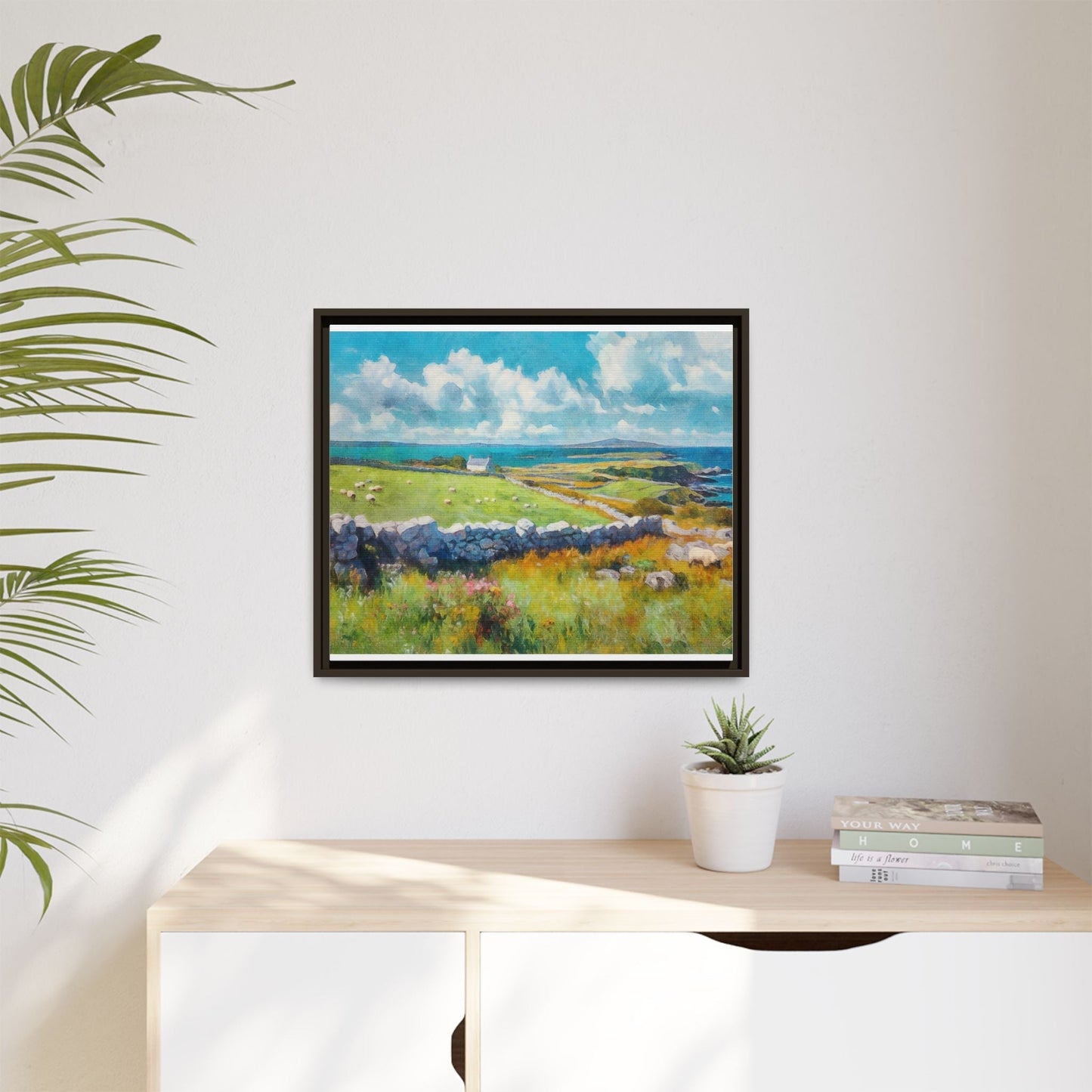 Far Flung Shores W.COL wall art featuring a serene coastal landscape, printed on high-quality canvas with a premium pinewood frame.