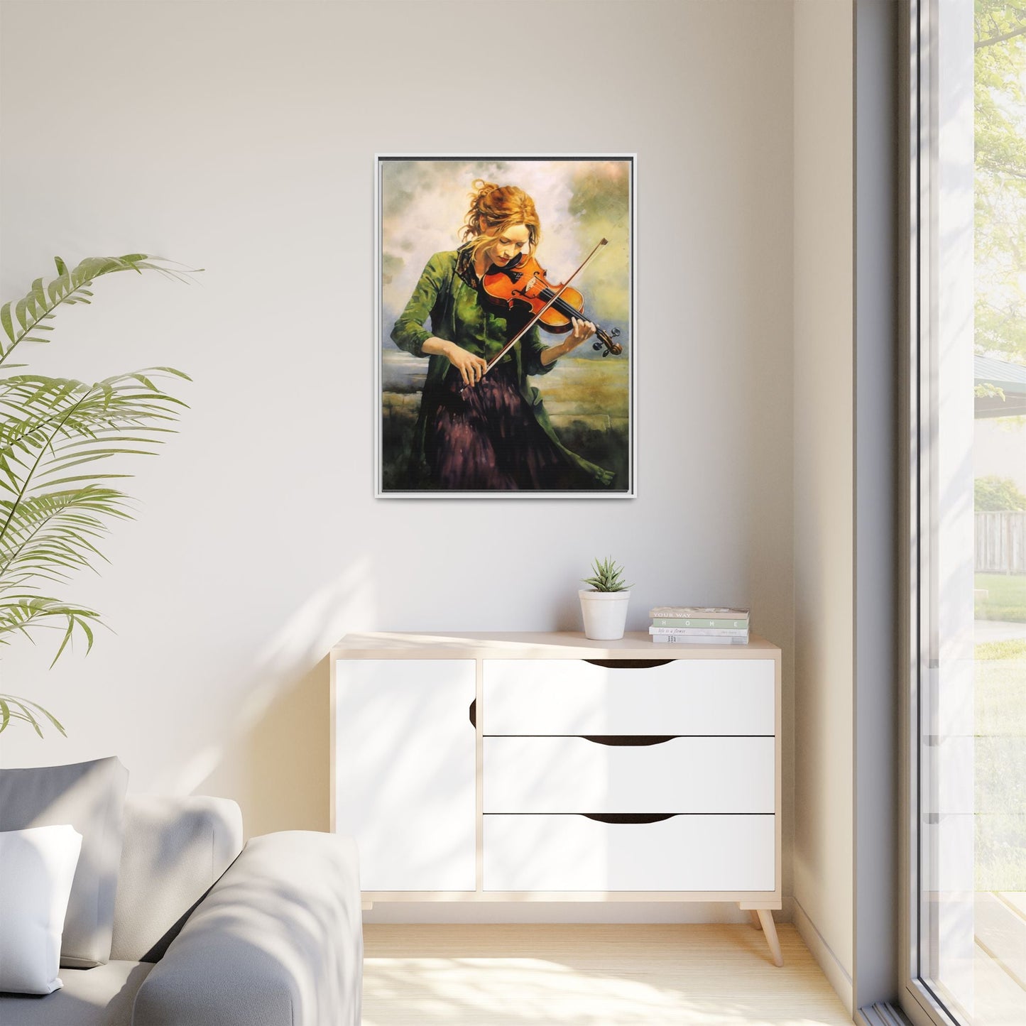 Young Girl with Fiddle wall art featuring a young musician playing the fiddle, printed on high-quality canvas for timeless and elegant décor.