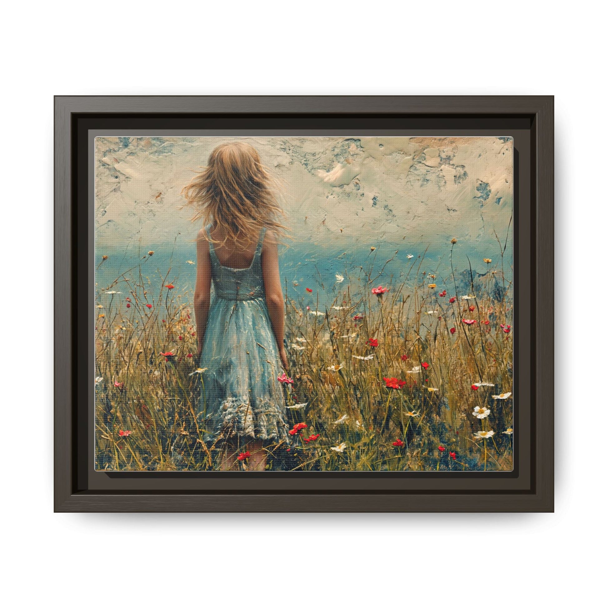 Young Girl Looking Out To Sea wall art, featuring a peaceful ocean view and a young girl in contemplation, printed on high-quality canvas for timeless décor.