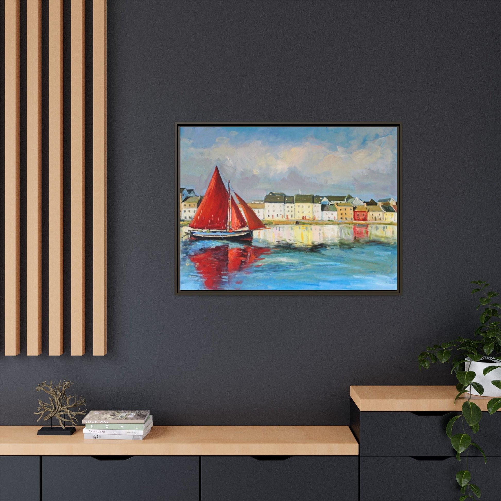 Galway Hooker Leaving Port wall art featuring a Galway Hooker boat sailing in a coastal scene, printed on high-quality canvas with a premium frame.